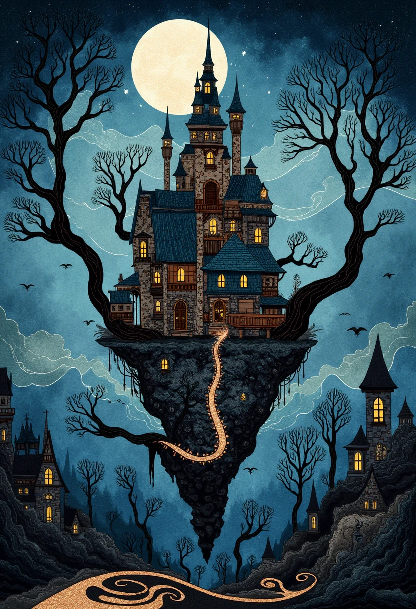 Whimsical, storybook-inspired folk art with flowing, dreamlike details. fantasy world castle in cliff, zooming in shot maximalistic, maximalist, veins on old walls of castle, old creepy trees, dark scary forest, full moon night light, high details