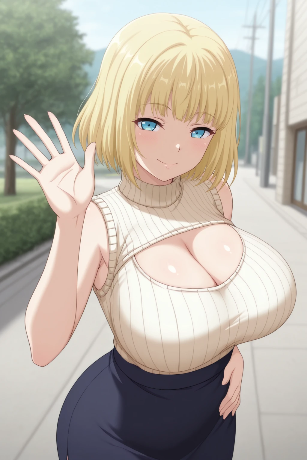 1girl,solo,Yellow hair color,short hair,shirt,pants,light brown eyes,chubbily ,huge breasts,whipped thighs,Cat ear,cat mouth,smile,Open mouth,open eye,double tooth,Taken from the viewpoint above, looking at viewer,upturned eyes,street Background,SFW,perfect,high quality,faultless,