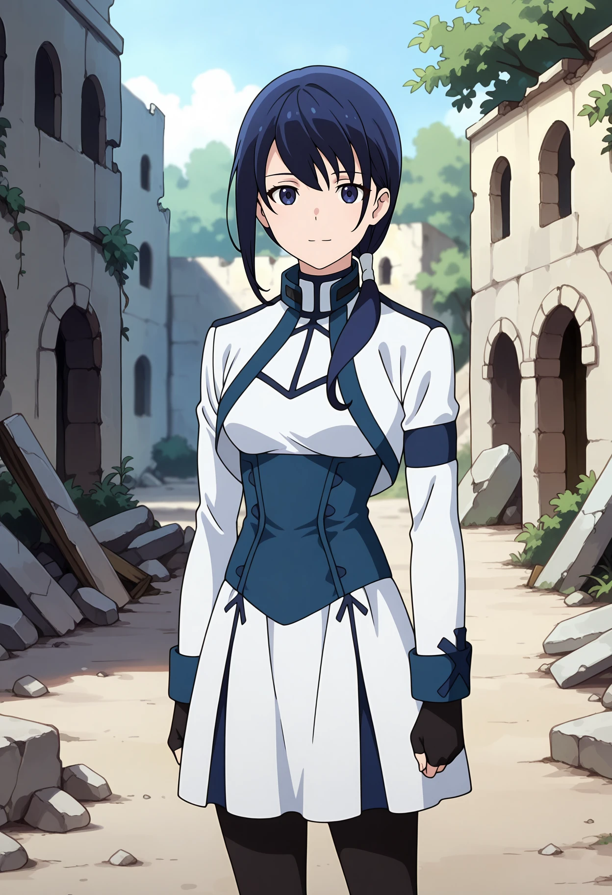 anime screencap, masterpiece, best quality,
<lora:HaiToGensouNoGrimgar_Mary_IlluXL:0.9>,
1girl, solo, closed mouth, light smile,
hair over shoulder, low ponytail, blue hair, blue eyes,
cropped jacket, white jacket, short dress, white dress, blue corset, long sleeves, fingerless gloves, black pantyhose,
standing, looking at viewer,
medieval, rubble, ruins, foliage, blurry background, day