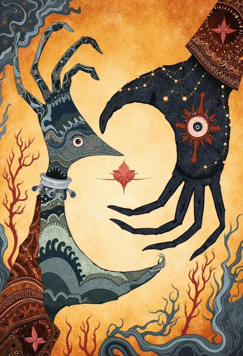 Whimsical, storybook-inspired folk art with flowing, dreamlike details. Deformed hands shaking hands with hands