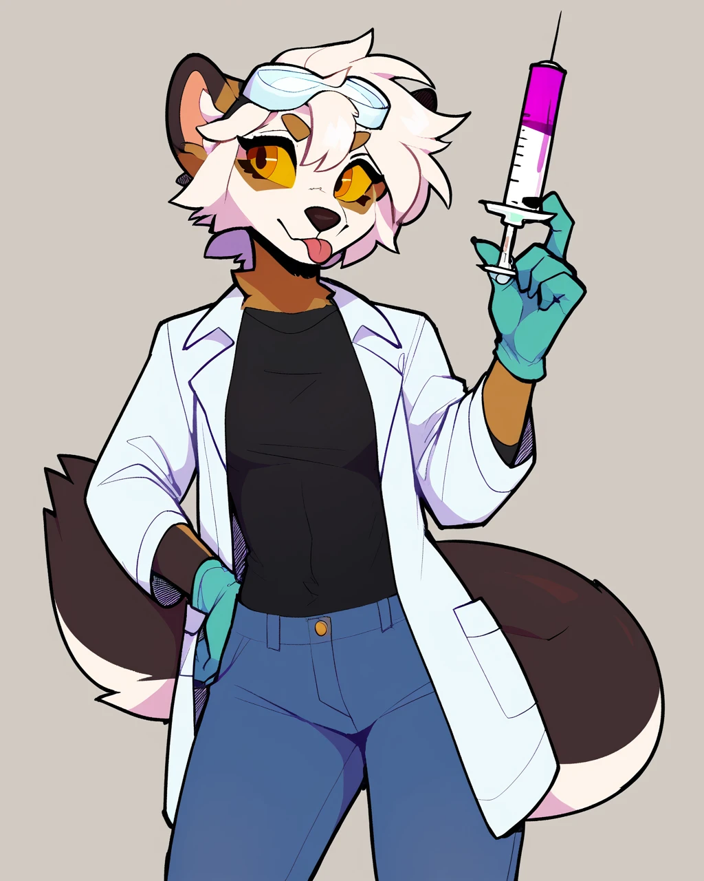 score_9_up, score_8_up, score_7_up, score_6_up, furry female, by remanedur, half-length portrait, female, furry, yellow eyes, yellow sclera, lab goggles, lab coat, white hair, tail, holding syringe, medical syringe, syringe, medium breasts, thinking, tongue out, blep, short hair, black shirt, jeans, gloves, head tilt, standing, solo, three-quarter view, simple background,<lora:Leah_Pines(AIM)_XL_v1:0.15> <lora:PDXL_artist_tags_v2_big:0.5> <lora:The-Minuscule-Task_PDXL_v1.0:0.6> <lora:Chise_sailorrooscout:0.7>