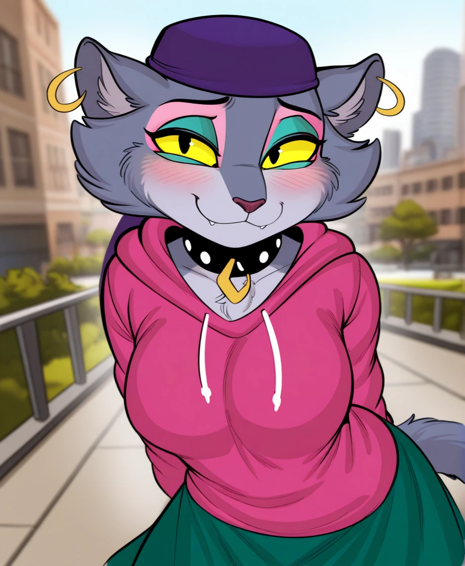 masterpiece, highly detailed, solo, msfortune, female, bandana, collar, makeup, yellow sclera, ring piercing, pink hoodie, green skirt, shy smile, cityscape, day, by anutka, <lora:MsFortuneXL_041-Noob-nd32-na32-lr2-ep13:1>, score_9, score_8_up, score_7_up, score_6_up, score_5_up, score_4_up