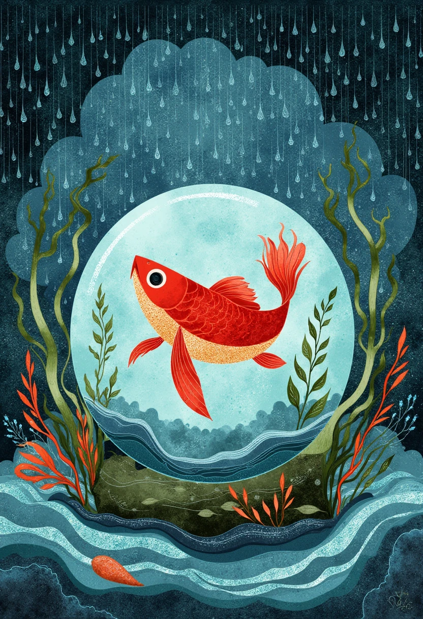 Whimsical, storybook-inspired folk art with flowing, dreamlike details. Water ball floating in nature, a red fish inside, rain in background