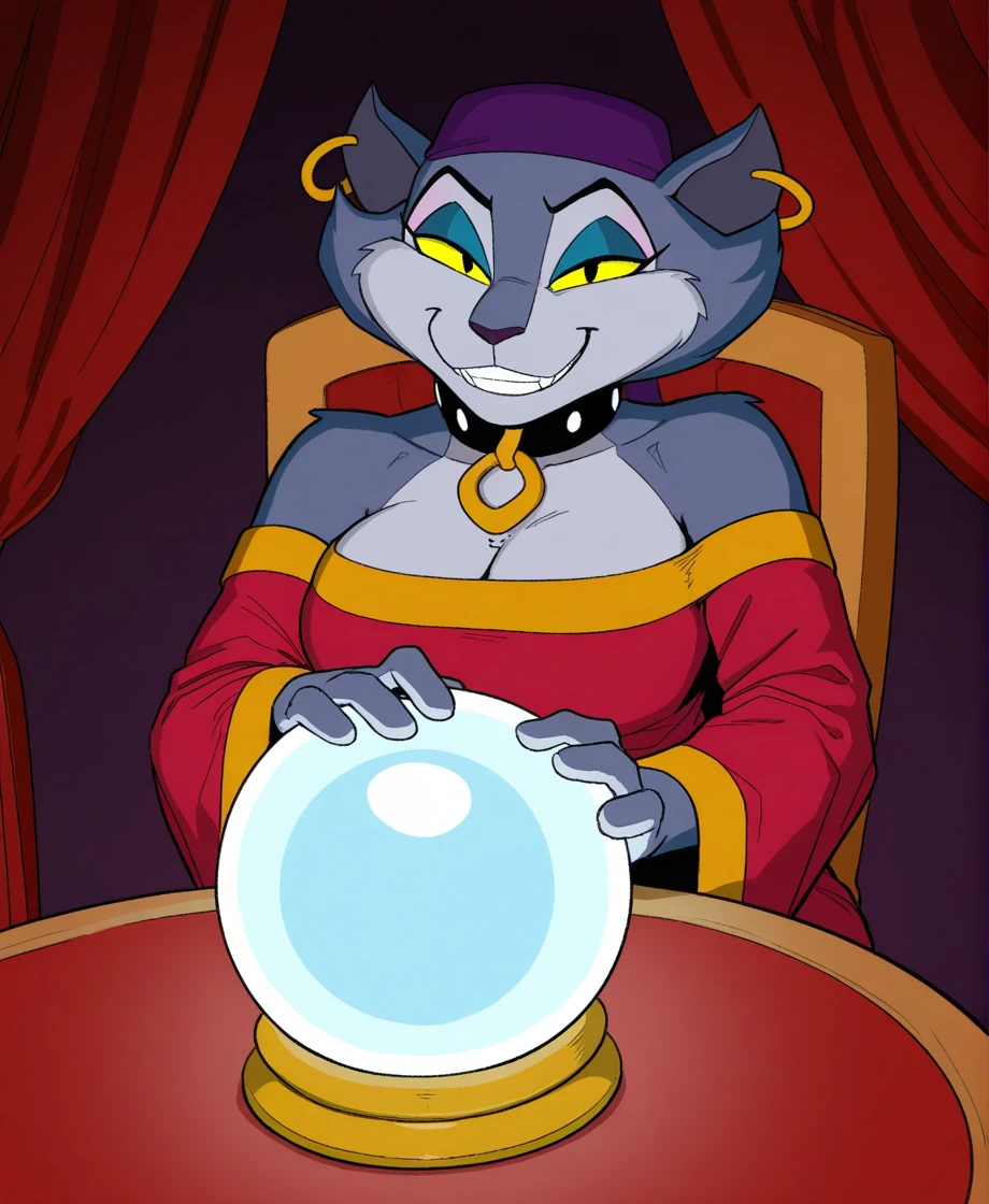 masterpiece, highly detailed, solo, msfortune, female, bandana, collar, makeup, yellow sclera, ring piercing, red dress, grin, bedroom eyes, sitting, table, chair, crystal ball, looking at viewer, by greasymojo, <lora:MsFortuneXL_041-Illus-nd32-na32-lr2-ep12:1>, score_9, score_8_up, score_7_up, score_6_up, score_5_up, score_4_up