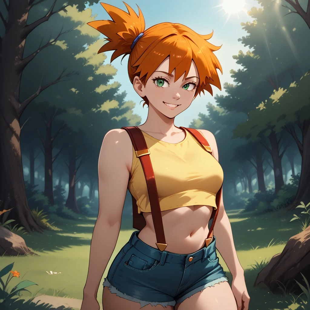 score_9, score_8, BREAK, solo, Misty(pokémon), 1 girl, short orange hair, green eyes, yellow crop top, denim shorts, red suspenders, stomach exposed, navel, adult woman, petite build, sexy pose, self portrait, smile, outdoors, sunlight, shadows, evening lighting, natural lighting, forest, trees, grass, orange sky, sunset