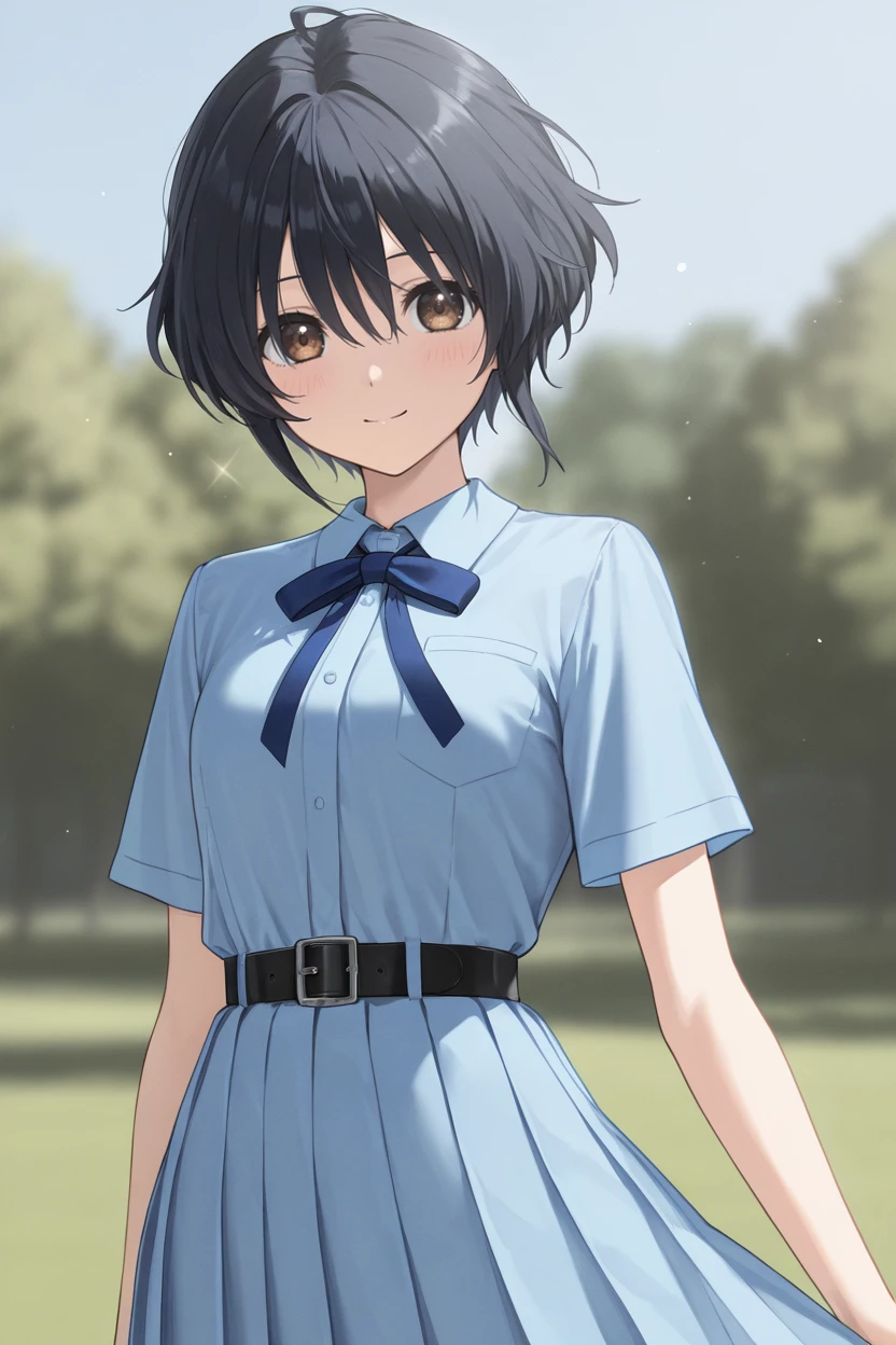 masterpiece, best quality, very aesthetic, newest, absurdres, highres,
1girl, solo,
 <lora:TakigawaMiuIllustriousV1:1> takigawamiu, black hair, wavy hair, short hair, brown eyes, hair between eyes,
 belt buckle, black belt, blue dress, blue neckwear, blue ribbon, bow, diffraction spikes,  pleated dress, ribbon, short sleeves, 
upper body, looking at viewer, light smile, blush, blurry background, outdoors,