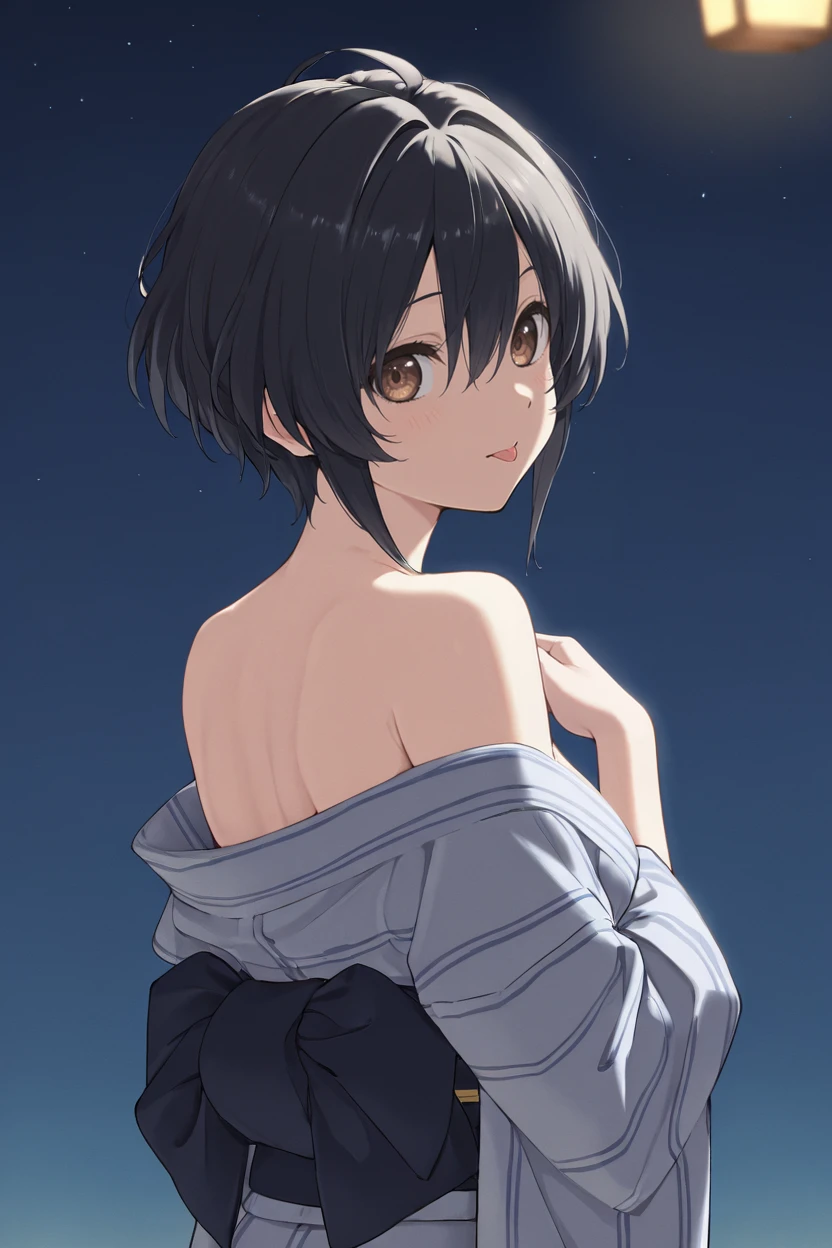 masterpiece, best quality, very aesthetic, newest, absurdres, highres,
1girl, solo,
 <lora:TakigawaMiuIllustriousV1:1> takigawamiu, black hair, wavy hair, short hair, brown eyes, hair between eyes,
kimono, bare shoulders, night sky, from behind, looking at viewer, tongue out,