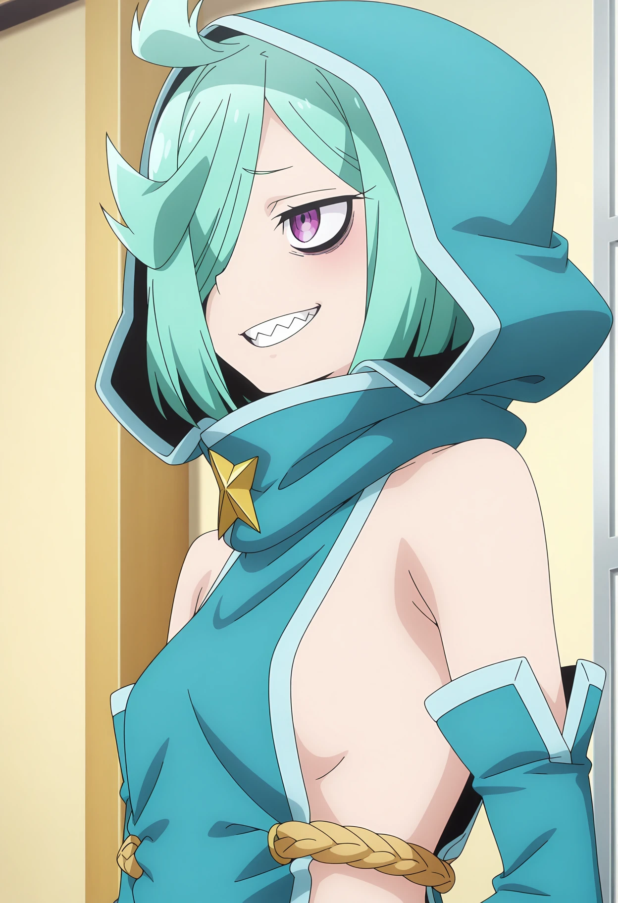 detailed background, official style,anime coloring, (anime screencap) masterpiece, detailed face,1girl, <lora:Nemo-30:0.8> Nemo, solo, teeth, sharp teeth, hood, hair over one eye, short hair, purple eyes, bare shoulders, smile, grin, sideboob, green hair, sideless outfit, bags under eyes,