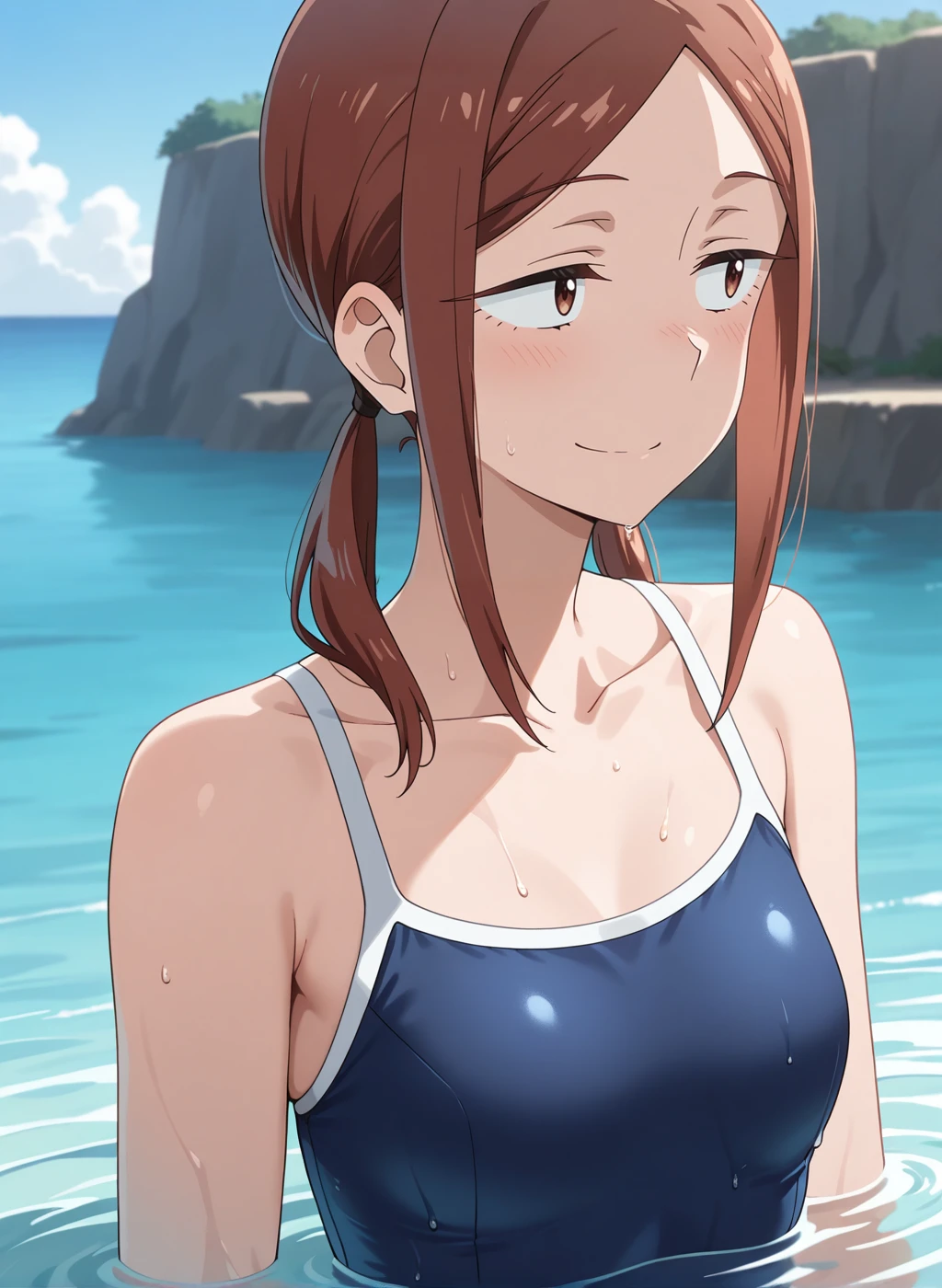 High quality,Ultra detailed,best quality,insanely detailed,beautiful,perfect lighting,masterpiece,highres,absurdres,very aesthetic,very awa,sensitive BREAK
<lora:kuroiwa_yuuki_V1_IL:1>,(kuroiwa yuuki, houkago teibou nisshi, brown hair, brown eyes, medium hair,low twintails, sidelocks),1girl,solo,smile,posing,day,outdoors,sea,competition school swimsuit,partially submerged,