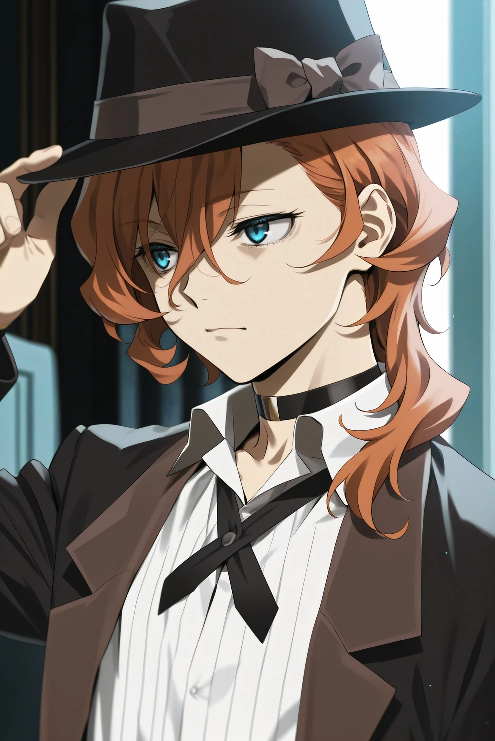 <lora:ChuuyaNakahara:0.8>, 1boy, orange hair,nakahara chuuya,long hair,hat, grey eyes, choker, deep eyes,vest, red glow, looking at viewer, smile, fedora,, (masterpiece), (best quality:1), dynamic angle,