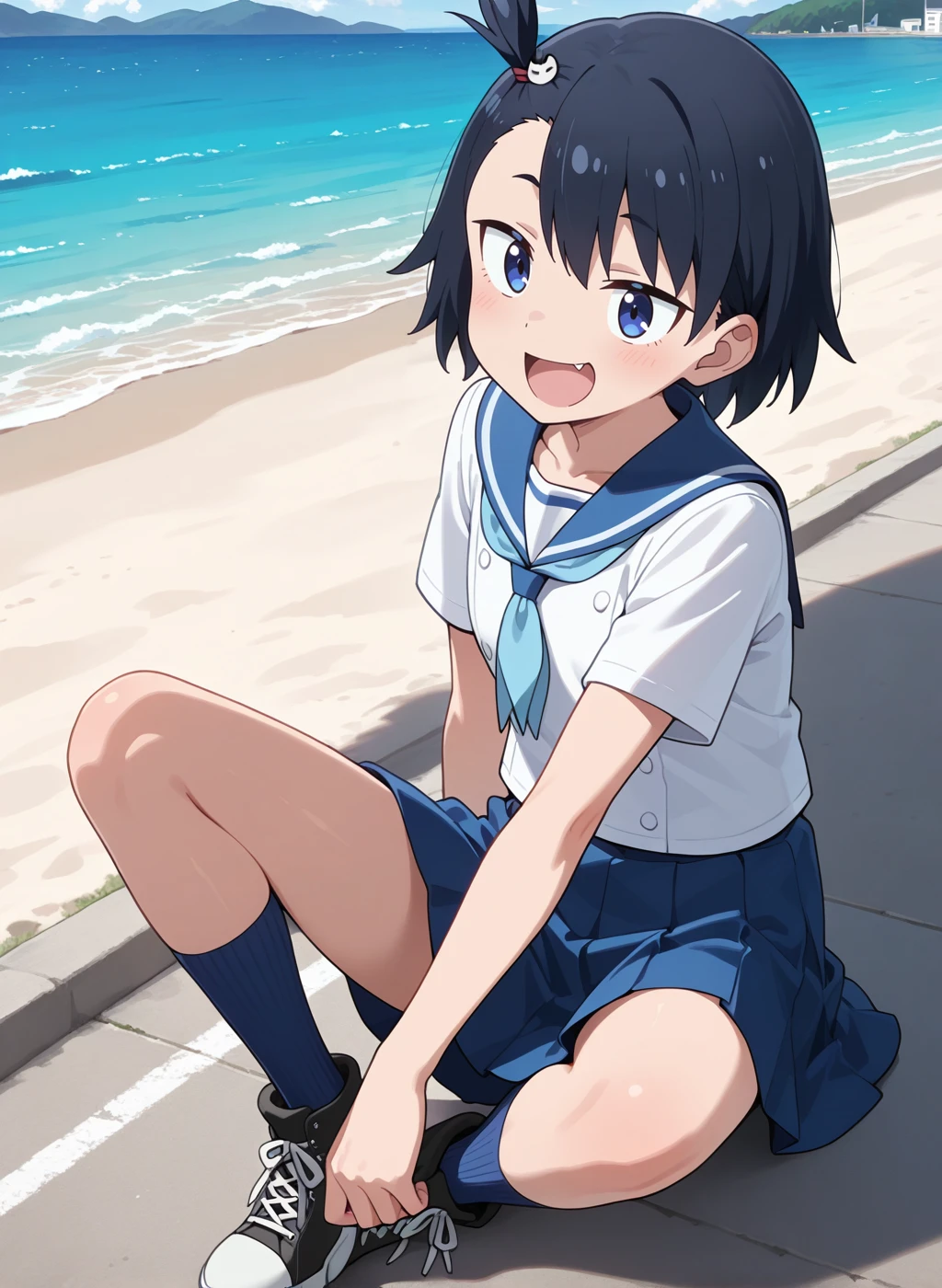 High quality,Ultra detailed,best quality,insanely detailed,beautiful,perfect lighting,masterpiece,highres,absurdres,very aesthetic,very awa,sensitive BREAK
<lora:hodaka_natsumi _V1_IL:1>,(hodaka natsumi,houkago teibou nisshi,black hair, short hair, blue eyes, hair ornament, one side up,fang),(summer uniform,sailor collar,neckerchief, white shirt,short sleeves, blue skirt, pleated skirt, blue socks,sneakers),1girl,solo,laughing,looking_at_viewer,posing,day,outdoors,sea,upper body,