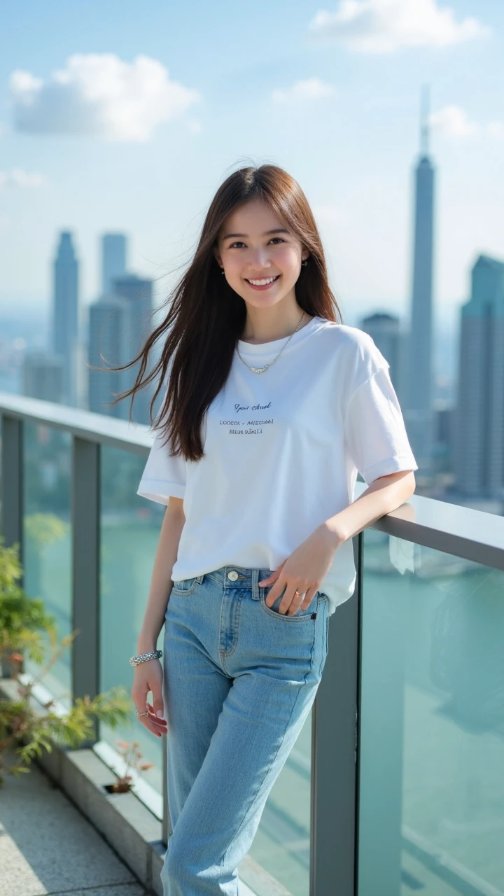 A young, vibrant girl stands on a city viewing platform. She wears a loose white cotton T-shirt with a minimalist artistic design, paired with slim-fitting light blue high-waisted jeans, showcasing a fresh and natural casual style. She completes the look with white canvas shoes, combining comfort and fashion.
Her long hair flows naturally, gently lifted by the breeze, with strands reflecting a healthy shine. Her makeup is light and fresh, her eyes bright and lively, and her lips carry a radiant smile. She wears a thin silver bracelet on her wrist and a simple silk scarf around her neck, adding a playful touch.
She leans against the glass railing of the viewing platform, one hand resting on the rail while the other casually slips into her jeans pocket, exuding a relaxed and natural posture. Behind her is the city skyline, with skyscrapers rising in clusters and their glass facades gleaming in the sunlight. In the distance, a few white clouds drift leisurely across the blue sky.
The viewing platform features a modern design, with transparent glass railings offering an unrestricted view. The ground is paved with gray non-slip tiles, and a few ornamental plants are placed on the edge of the platform, adding vitality and greenery.
The shooting angle is chosen from the front-side perspective, creating a harmonious composition of the figure and the urban scenery. The mellow afternoon sunlight bathes the scene in a natural warm tone. Distant buildings appear clearly outlined, contrasting with the foreground figure to form a layered depth.
The overall scene radiates youthful vitality, showcasing the relaxed and leisurely lifestyle of urban young people. The casual attire, the subject's natural expression, and the modern urban backdrop seamlessly blend to create a lighthearted and pleasant atmosphere. The color palette emphasizes bright blues and whites, enhancing the scene's freshness and conveying an uplifting and positive lifestyle attitude.