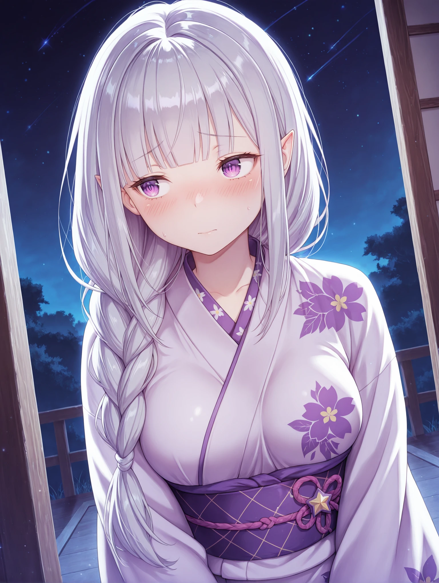 <lora:Emilia Illu:1>1girl, solo,
em1lia, pointy ears, purple eyes, grey hair, blunt bangs, long braid, medium breasts,
kimono, floral print, night, star \(sky\), shy,
<lora:cfg_scale_boost:1>, masterpiece, best quality, amazing quality