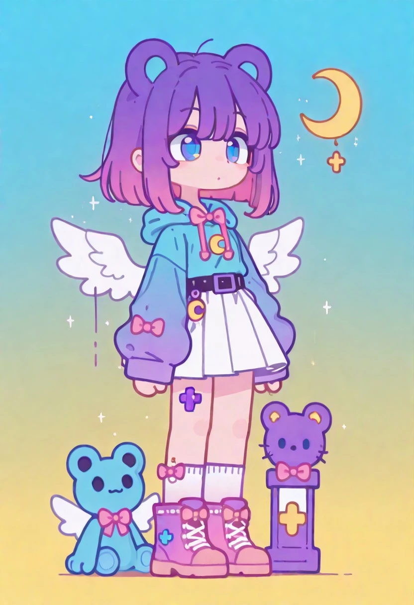 masterpiece,best quality,amazing quality, 1girl, solo, long hair, pink hair, multicolored hair, gradient hair, floating hair, FTROGY5, GachaFTROGY5, Gacha, girl, purple hair, bob haircut, blue frog ears, Blue eyes, turquoise hoodie, Belt with a pink heart, white wings, big eyes, pink bow, white skirt, checker on the leg, White stocking, pink boots with teddy bears, full body, simple background, gradient background, blue background, yellow background, crescent moon, glowing, haiz_ai, Flatline, Flat vector illustration
