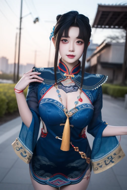 dress, braid, chinese clothes, headwear, ofuda, jiangshi, qing guanmao, absurdres, RAW photo, extremely delicate and beautiful, masterpiece, Best Quality, ultra high resolution, 32k, hyperrealistic, ultra-detailed, detailed description, pale skin, 20 years old, tearful mole, earring, Colossal tits, short medium hair, wavy hair, evil grin, whole body shot,