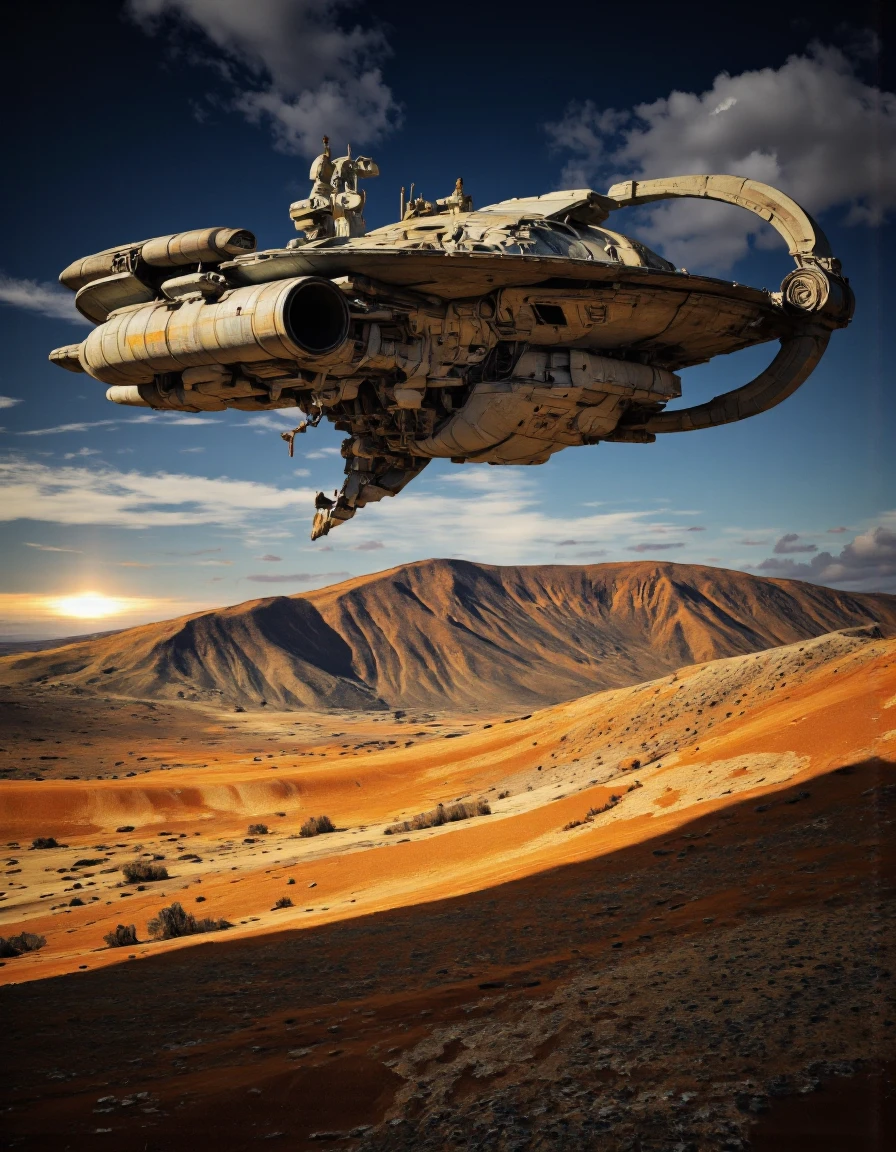 Art by Ronan Le Fur. A photo-realistic shoot from a below camera angle about a futuristic flying saucer floating over a desert landscape during sunset. the image also shows a large, metallic spaceship with a sleek, futuristic design, suspended in mid-air over a hilly landscape. on the middle of the image, the spaceship appears to be floating, with intricate details and a metallic sheen, giving it a sense of depth and dimension. the spaceship is filled with various mechanical components, including a central control panel, several smaller control panels, and several additional control panels. it is surrounded by a vast expanse of orange and yellow hues, with a few scattered clouds in the sky. the sky is a deep blue, with the sun setting in the distance, casting a warm glow over the landscape. the ground below is dry and barren, with patches of grass and shrubs scattered throughout.