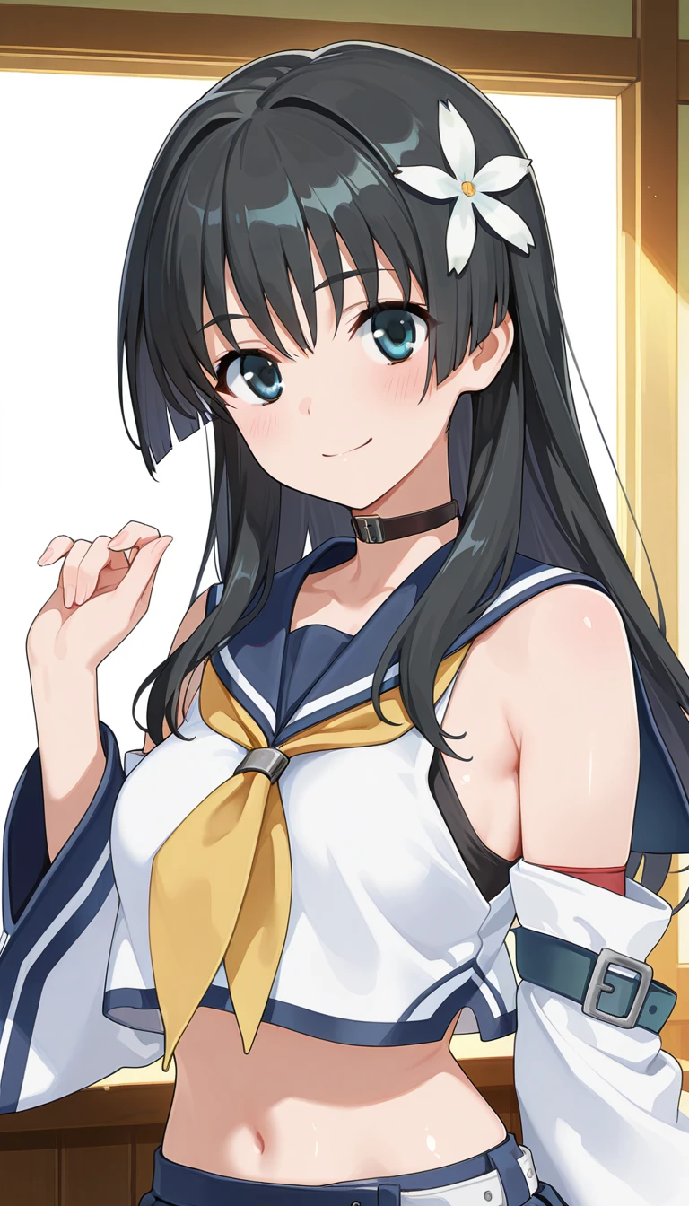 (masterpiece),best quality,amazing quality,very aesthetic,absurdres,newest,perfect body,shiny skin,perfect eyes,detail1eye,well-defined fingers,well-defined fingernails,anime style,indoors,1girl,solo,upper body,(portrait:1.5),looking at viewer,facing viewer,smile,blush,Ayanami uniform,Saten Ruiko,long hair,black hair,hair ornament,hair flower,sidelocks,bangs,black eyes,school uniform,black choker,bare shoulders,blue sailor collar,white shirt,sleeveless shirt,crop top,yellow neckerchief,detached sleeves,long sleeves,wide sleeves,breasts,navel,stomach,white belt,miniskirt,blue skirt,pleated skirt,white thighhighs,zettai ryouiki,rudder footwear,<lora:Saten Ruiko(omrg)-Illus:1.6>,<lora:Ayanami uniform(azur)-Illus:1.6>,
