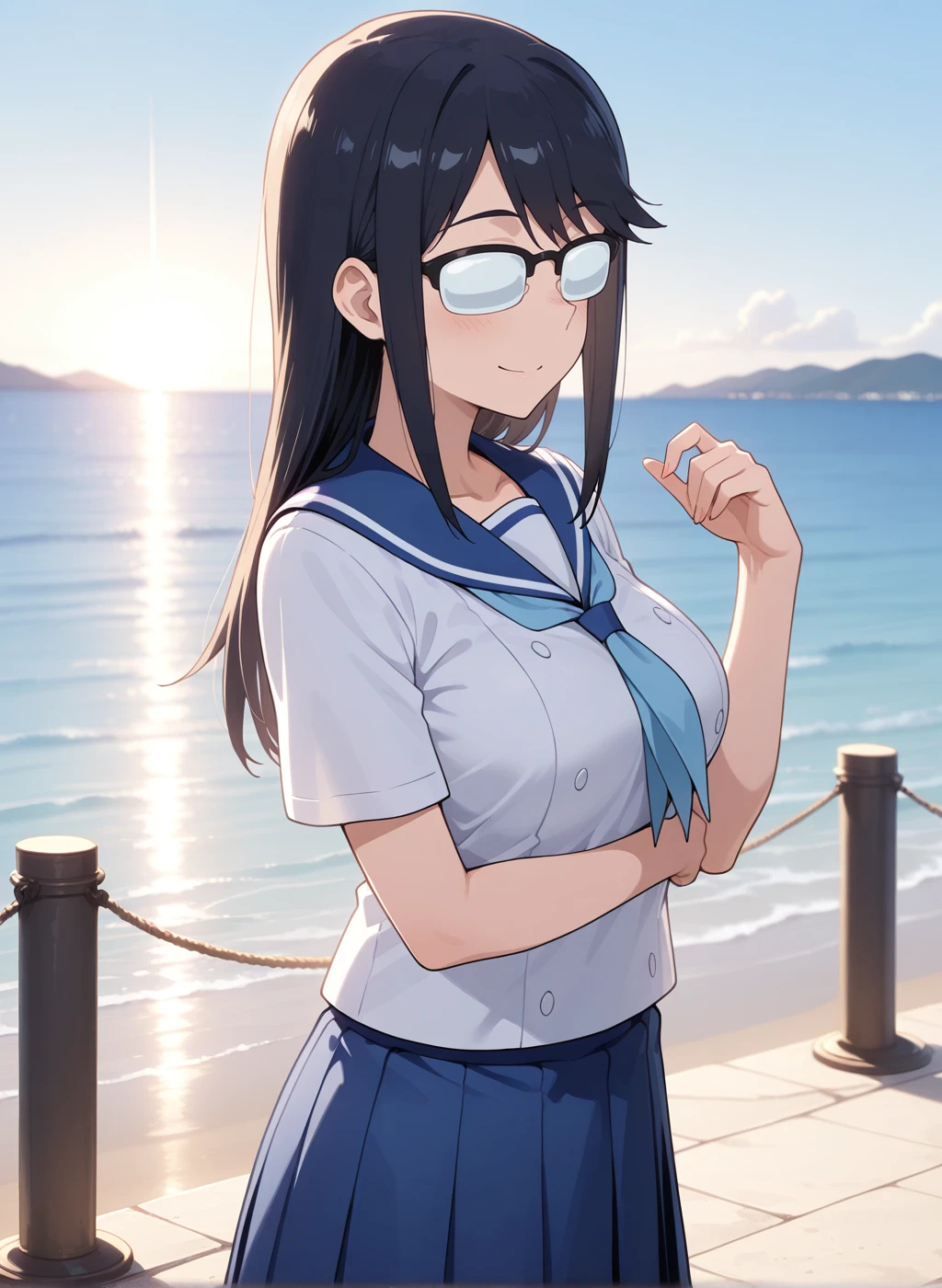 High quality,Ultra detailed,best quality,insanely detailed,beautiful,perfect lighting,masterpiece,highres,absurdres,very aesthetic,very awa,sensitive BREAK
<lora:oono_makoto_V1_IL:1>,(oono makoto, houkago teibou nisshi, black hair, long hair,medium breasts, opaque glasses),(summer uniform,sailor collar,neckerchief, white shirt,short sleeves, blue skirt, pleated skirt, socks,boots),1girl,solo,smile,looking_at_viewer,posing,standing,day,outdoors,sea,upper body,