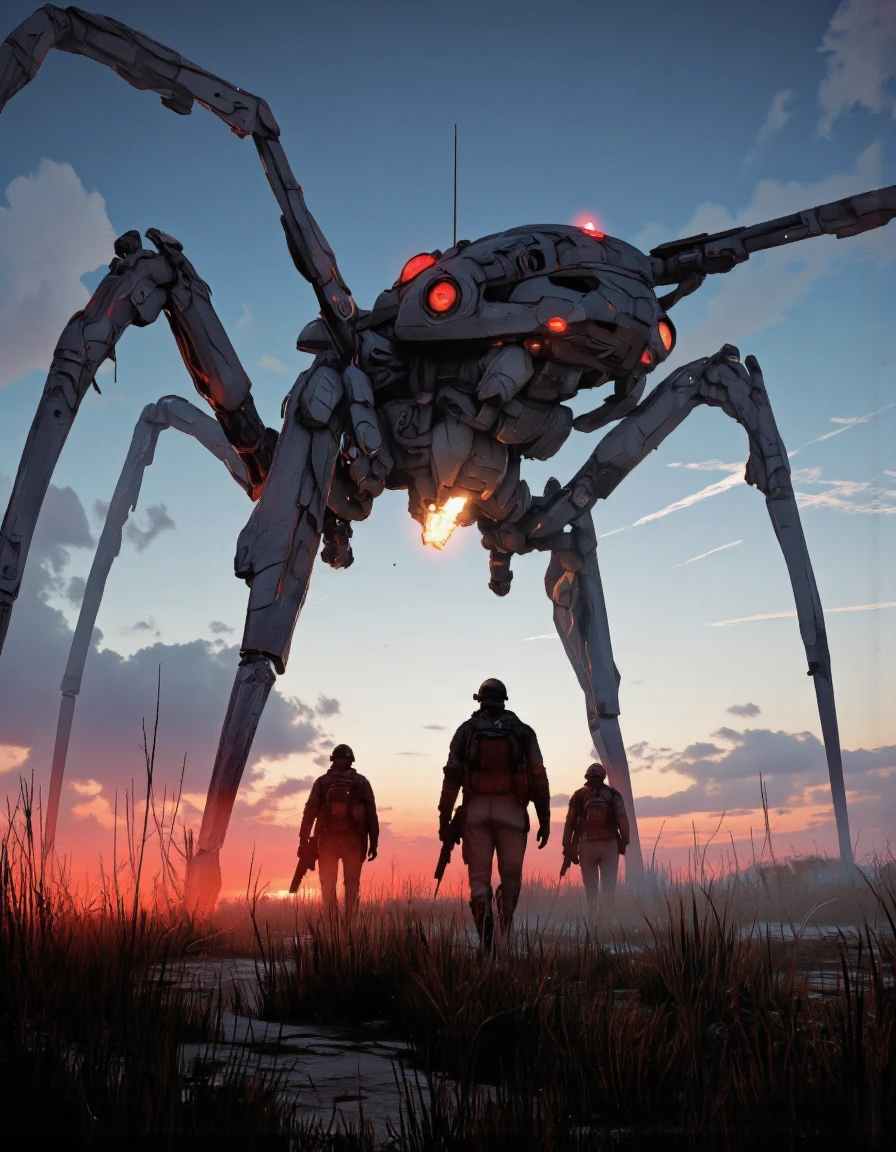 Art by Ronan Le Fur. A digital illustration shoot from a front camera angle about a futuristic, sci-fi scene featuring a large, imposing robot with a large spider-like structure and glowing red lights, accompanied by three silhouetted soldiers in a foggy landscape during sunset. the scene is set in a post-apocalyptic wasteland with tall grass and a distant horizon. the robot stands tall and imposing, with its legs spread wide, while the soldiers follow closely behind, each carrying a backpack and holding a gun. the soldiers are wearing full-body armor and helmets, and the robot has a sleek, metallic design with intricate details and a glowing red light at the top. the background features a gradient of blue and red hues, with a few faint contrails visible in the sky, creating a sense of depth and atmosphere. the overall mood of the image is ominous and foreboding, with the robot towering over the soldiers, adding to the sense of danger and isolation.