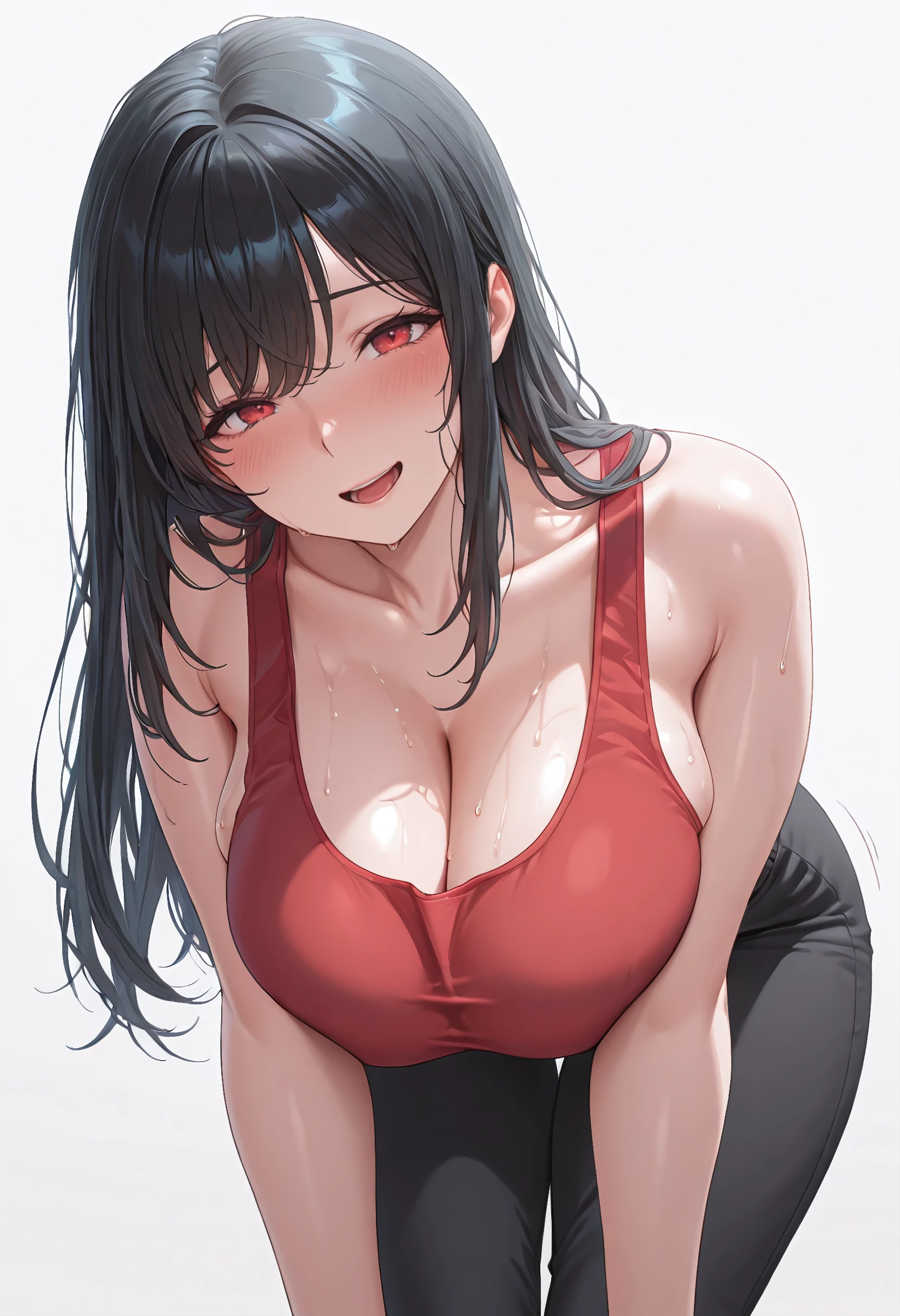 long black hair , Seductive face, sweating all over, red face, volleyball uniform , masutepiece, Best Quality, a 20 yo woman、Detailed background、 Blushing, Bare shoulders, , Slouched、Kamimei、Butt sticking out pose、sports stadium , hands crossed behind back