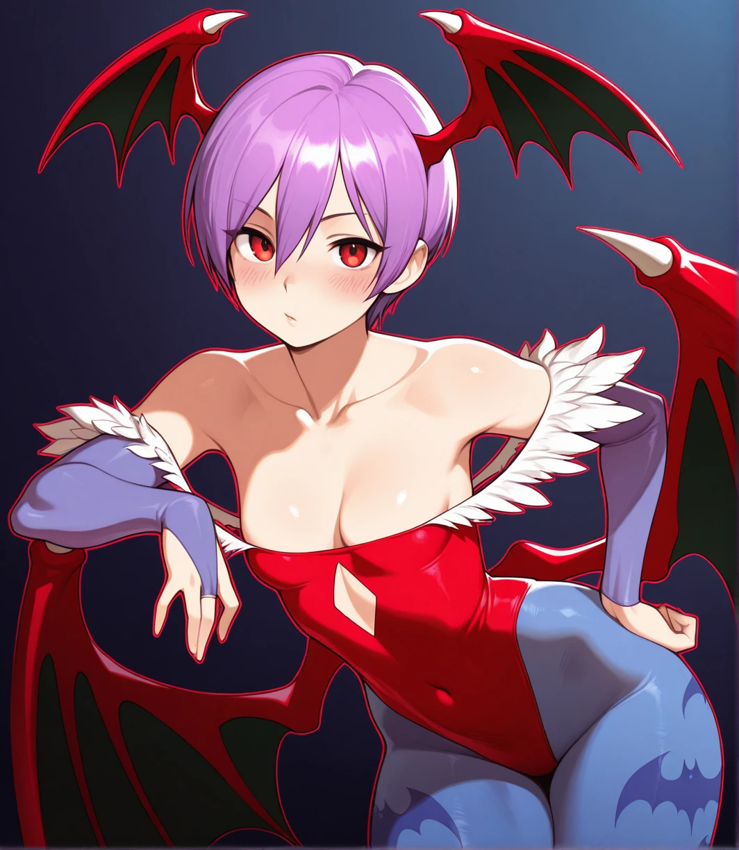 masterwork, masterwork, Dramatic light, harsh shadows, vivid colors, light and shadows, high detailed face, illustration, <lora:oc-style-IL:1>, oc-style, 1girl, solo, looking at viewer, blush, short hair, red eyes, sexy, seductive pose, cleavage, hair between eyes, bare shoulders, collarbone, purple hair, pantyhose, rounded breasts, small breasts, wings, leotard, hand on hip, covered navel, demon girl, bat wings, animal print, head wings, bridal gauntlets, outline, red leotard, bat print, lilith aensland, high quality, masterpiece