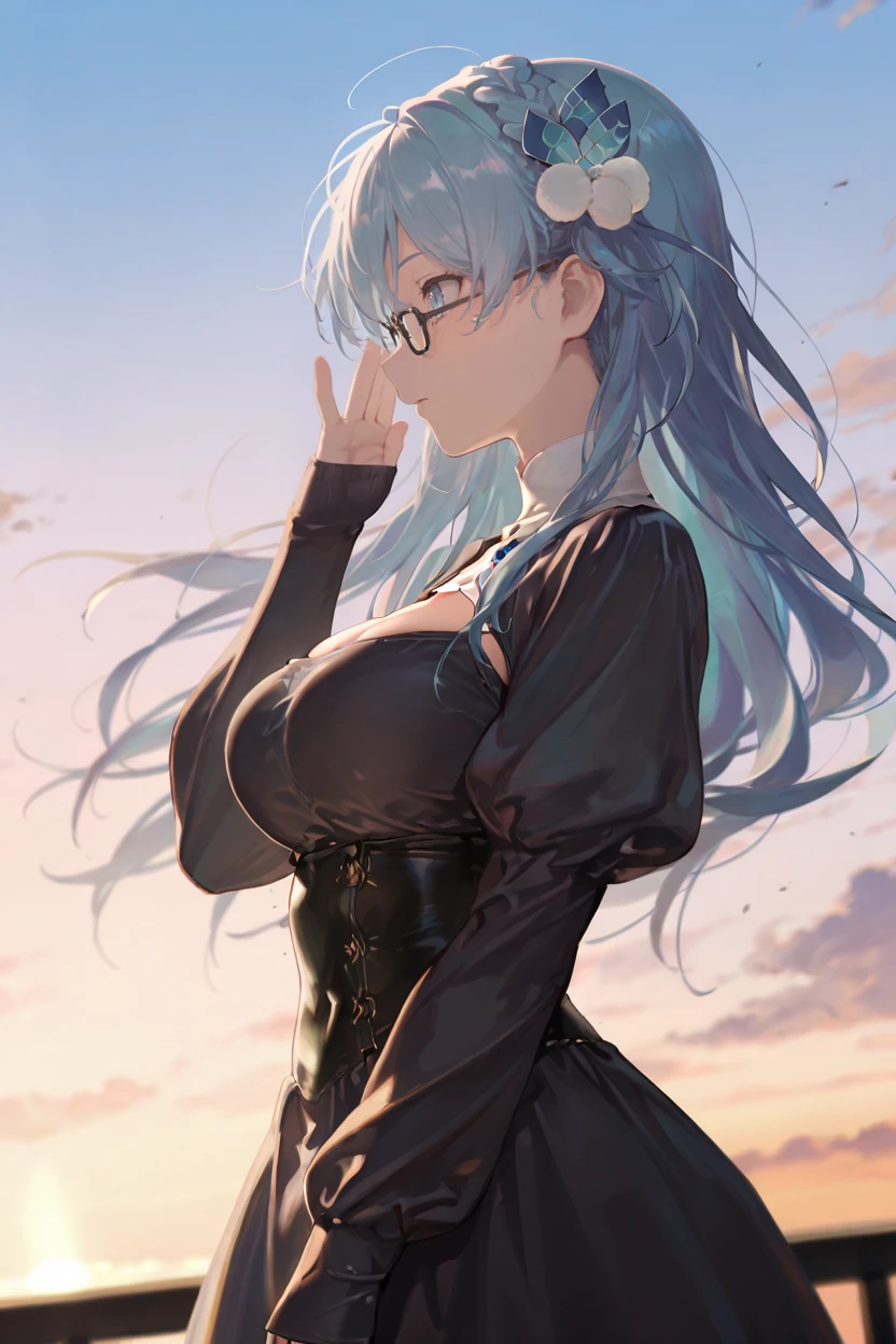 masterpiece, best quality, very aesthetic, newest, absurdres, highres,
1girl, solo,
 <lora:MaruyamaAkaneIllustriousV1:1> maruyamaakane, blue hair, long hair, blue eyes, glasses, single braid, hair ornament,
sky, floating hair, profile, adjusting eyewear,  looking ahead, upper body, dutch angle,
black dress, long sleeves, sleeves past wrists, puffy sleeves, bodice, high collar, jewelry, hair ornament,
<lora:reiXLNB11lokrV63P1:0.8>