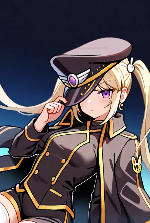masterpiece, High quality, Ultra detailed, 2d, newest, absurdres, highres, BREAK
1girl, solo, <lora:Orchid:0.8>, orchid_(maplestory), very long hair, twintails, blonde hair, rabbit hair ornament, sidelocks, purple eyes, mole under eye, earrings, military hat, black headwear, hat_over_one_eye, tilted_headwear,
small breasts, orchiddef, long sleeves, military uniform, jewelry, black coat, black short shorts, white thighhighs, black footwear, boots, black jacket, jacket on shoulders,
upper body,