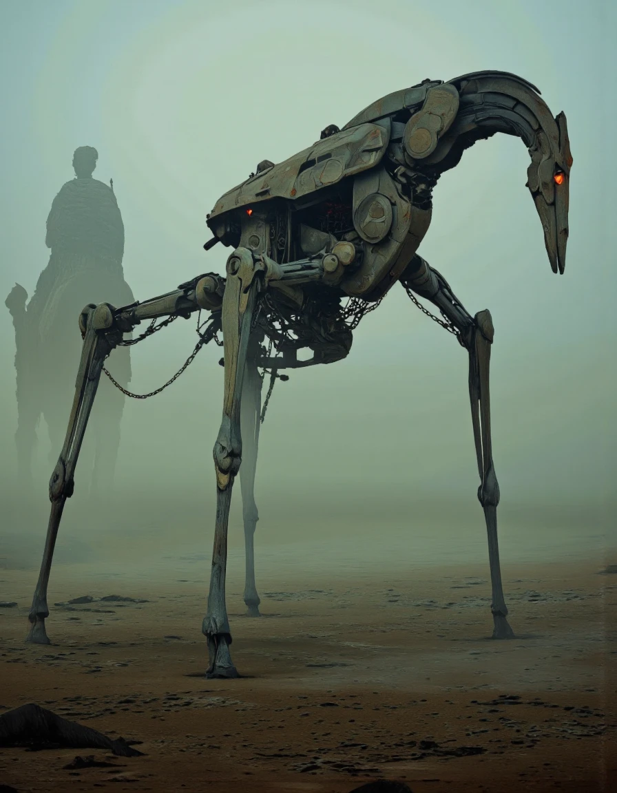 Art by Ronan Le Fur. A digital illustration shoot from a front camera angle about a large, metallic robot with glowing red eyes standing in a desolate landscape. the image also shows a distant silhouette of a camel in the distance. on the middle of the image, a robot with a long, slender body and multiple legs stands in a foggy field, with a distant figure in the background. the robot appears to be in a standing position, with its head turned slightly to the side and its eyes glowing red. it has a sleek, metallic design with intricate details and a chain attached to its back, and its body is composed of multiple arms and legs, giving it a mechanical appearance. the background is a misty, foggy sky with a faint silhouette of another robot behind it, adding a sense of depth and atmosphere to the scene. the overall color palette is muted, with shades of blue, green, and brown, and the lighting is soft and diffused, giving the image a sci-fi feel.
