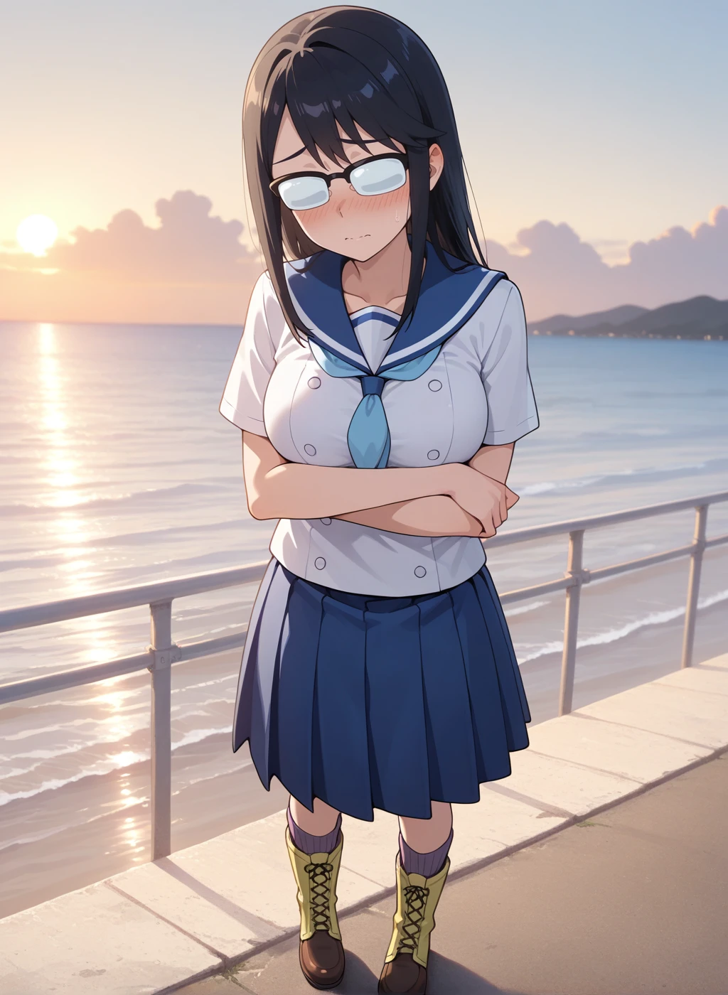 High quality,Ultra detailed,best quality,insanely detailed,beautiful,perfect lighting,masterpiece,highres,absurdres,very aesthetic,very awa,sensitive BREAK
<lora:oono_makoto_V1_IL:1>,(oono makoto, houkago teibou nisshi, black hair, long hair,medium breasts, opaque glasses),(summer uniform,sailor collar,neckerchief, white shirt,short sleeves, blue skirt, pleated skirt, socks,boots),1girl,solo,embarrassed,looking_at_viewer,posing,full body,day,outdoors,sea,