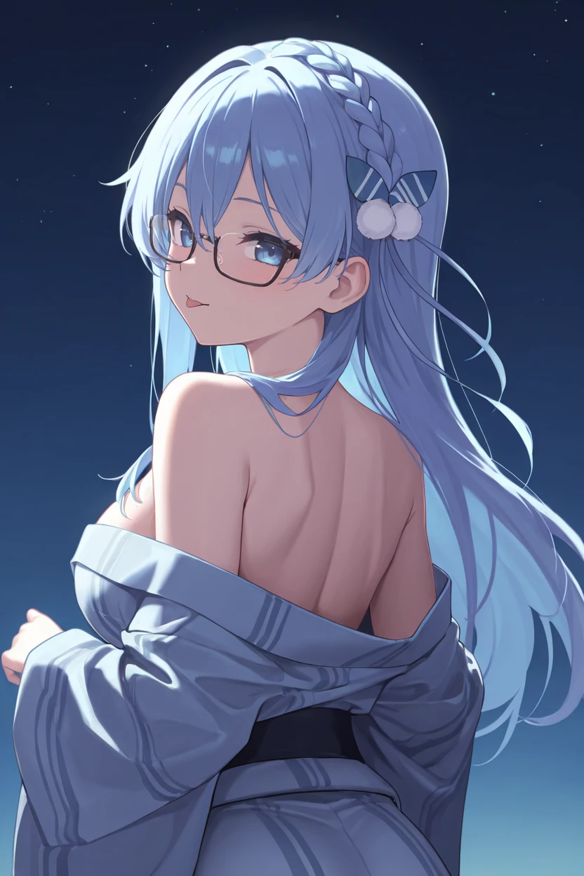 masterpiece, best quality, very aesthetic, newest, absurdres, highres,
1girl, solo,
<lora:MaruyamaAkaneIllustriousV1:1> maruyamaakane, blue hair, long hair, blue eyes, glasses, single braid, hair ornament,
kimono, bare shoulders, night sky, from behind, looking at viewer, tongue out,