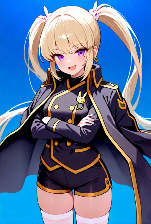 masterpiece, High quality, Ultra detailed, 2d, newest, absurdres, highres, BREAK
1girl, solo, <lora:Orchid:0.8>, orchid_(maplestory), very long hair, twintails, blonde hair, rabbit hair ornament, sidelocks, purple eyes, mole under eye, earrings, 
small breasts, orchiddef, long sleeves, military uniform, rabbit Badge, black coat, black short shorts, white thighhighs, black footwear, boots, black jacket, jacket on shoulders, 
smile, open mouth, looking at viewer, upper body, crossed_arms,