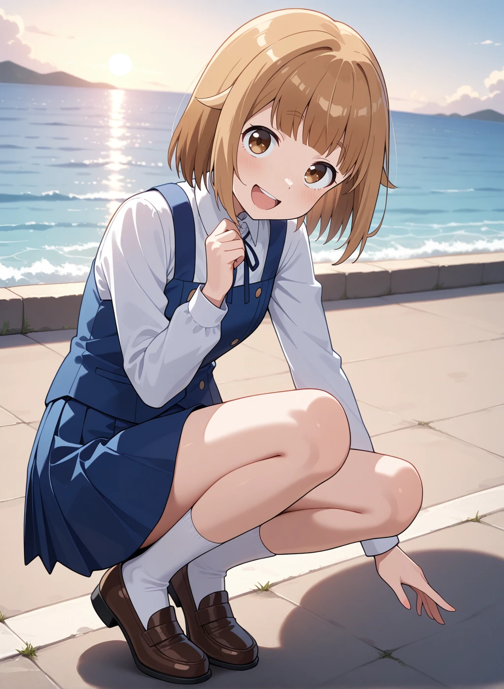 High quality,Ultra detailed,best quality,insanely detailed,beautiful,perfect lighting,masterpiece,highres,absurdres,very aesthetic,very awa,sensitive BREAK
<lora:tsurugi_hina_V1_IL:1>,(tsurugi hina, houkago teibou nisshi, short hair, brown hair, brown eyes, bangs),(intermediate uniform,neck ribbon,white shirt,collared shirt,long sleeves, blue vest,blue skirt, pleated skirt, white socks,loafers),1girl,solo,laughing,looking_at_viewer,posing,full body,day,outdoors,sea,