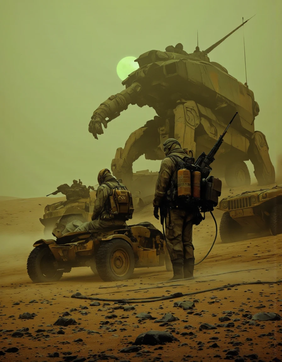 Art by Ronan Le Fur. A digital illustration shoot from a low angle about a futuristic scene featuring two robotic vehicles and two men in a foggy environment, with a large, armored vehicle in the background. the scene is set in a desert-like environment with sand and small rocks scattered across the ground, and the sky is a hazy, misty green color with a bright, glowing green moon in the distance. on the left side of the image, a humanoid robot with a robotic arm and a large robotic arm is positioned in the foreground, while on the right side, a man with a backpack and a gas mask is standing in front of the robot, both wearing protective suits and carrying gas cans. the man with the gas cans is holding a long, black hose, while the robot has a large gun mounted on its back. the overall atmosphere is eerie and mysterious, with the two men standing in a distant, desolate landscape.
