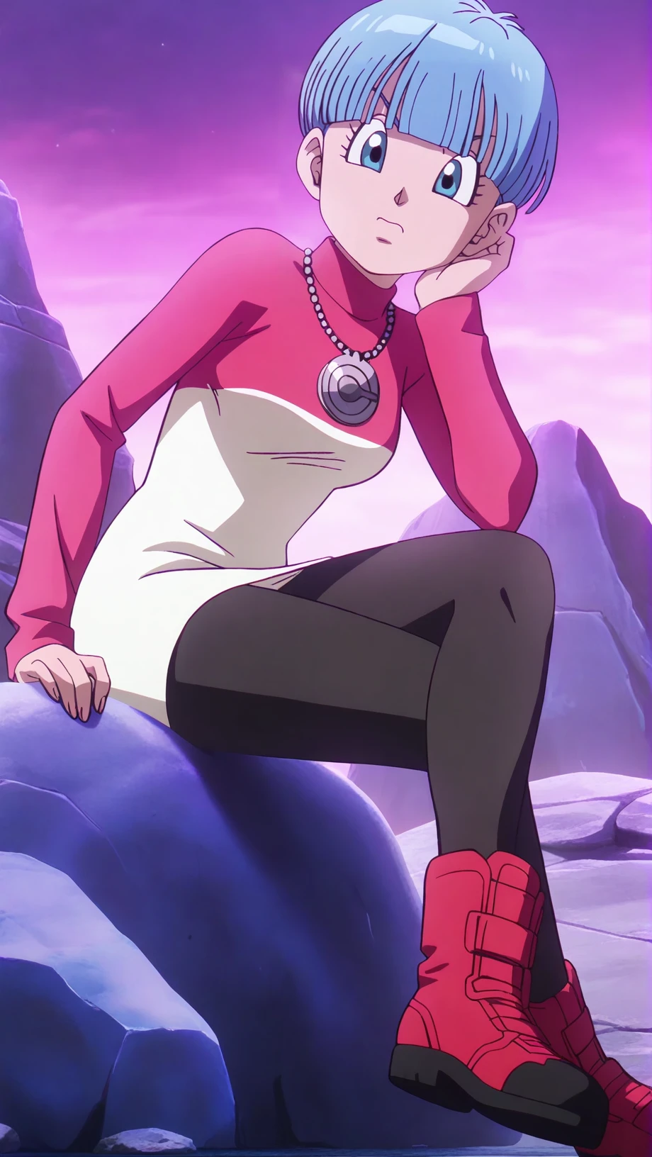 source_anime, masterpiece, best quality, amazing quality, anime screencap, high quality, 8k, absurdres, official style, <lora:Bulma_Briefs_Daima_iL:1>, bulm4 b513fs daima, short hair, blue eyes, blue hair, dress outfit, dress, jewelry, pantyhose, boots, necklace, turtleneck, sitting, on rock, legs crossed, face leaning on hand, looking at viewer, annoyed