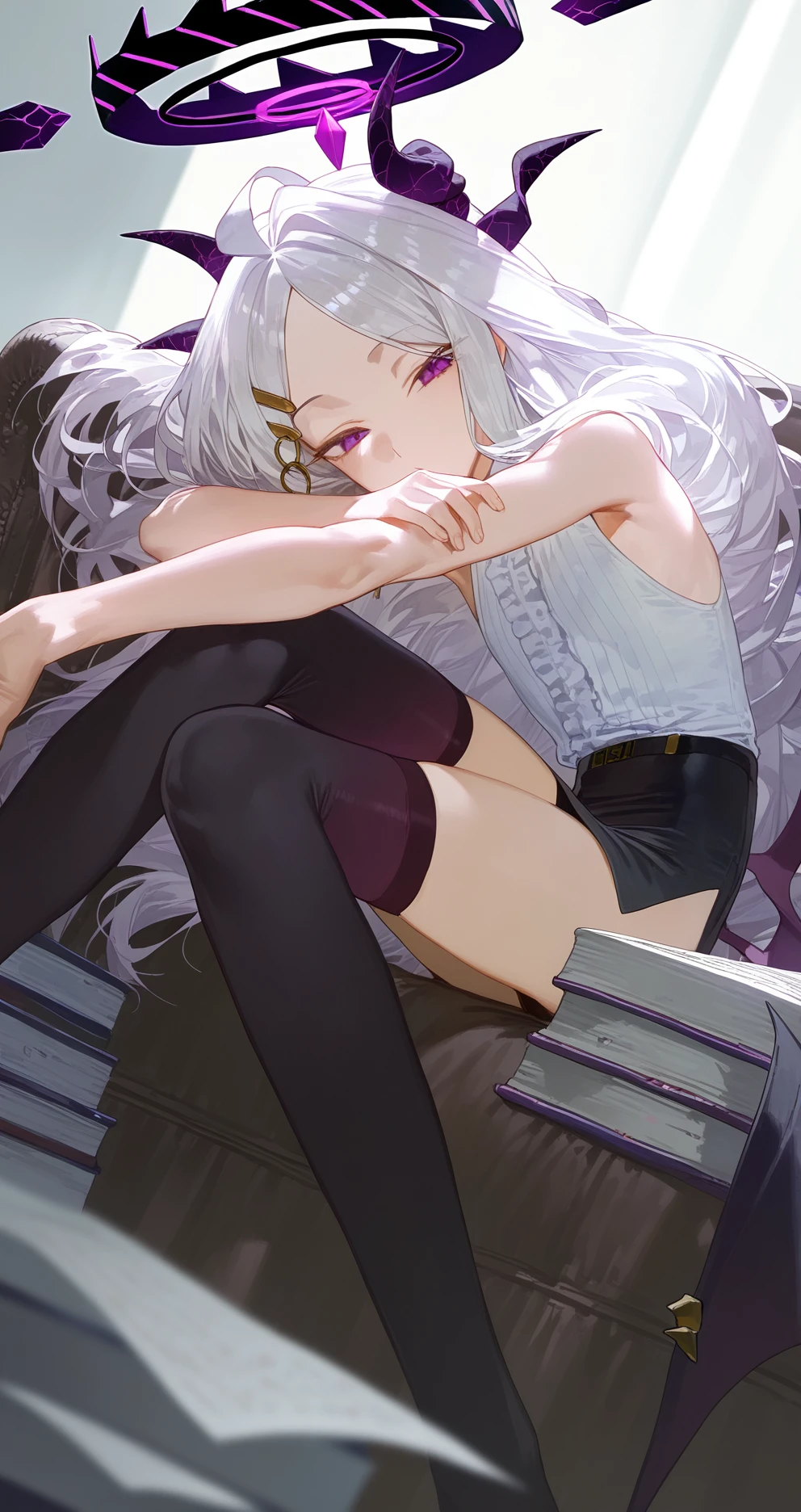 very awa, 1girl, hina \(blue archive\), lack, kitada mo, quasarcake, rei \(sanbonzakura\), timbougami, hood \(james x\), modare, dutch angle, blurry foreground, black horns, black skirt, black thighhighs, demon horns, on couch, elbow rest, elbow on knee, outstretched arm, holding own arm, sittnig, leaning back, demon wings, half-closed eyes, knees up, halo, long hair, looking at viewer, low wings, purple eyes, purple wings, sleeveless shirt, solo, white hair, white shirt, feet out of frame, depth of field, backlighting, white theme, book stack, paper, blurry foreground, blurry background, masterpiece, best quality, good quality, newest