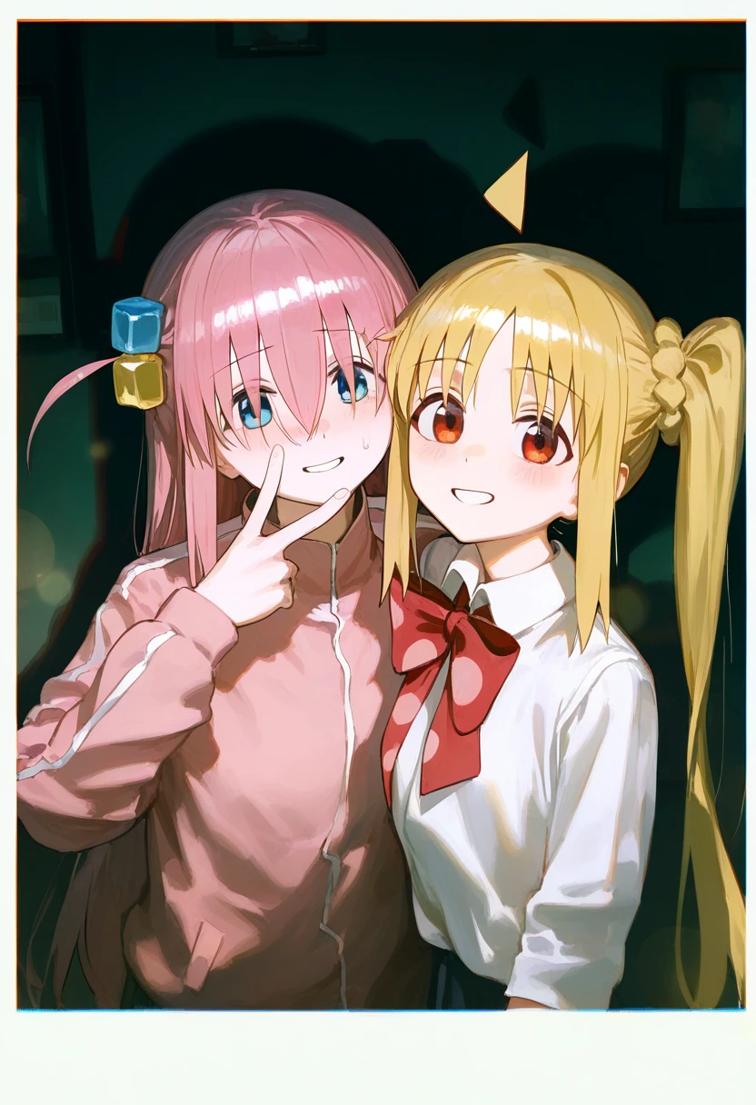very awa, 2girls, gotoh hitori, ijichi nijika, bocchi the rock!, funabashi \(iwzry\), eggplus, shion \(mirudakemann\), huanxiang_heitu, infukun, v, forced smile, pink jacket, upper body, white shirt, red bowtie, multiple girls, bokeh, cinematic, polaroid photo, picture frame, fake_photograph, white border, dark, indoors, yuri,(shadow:1.1), green theme, overexposure, heavy chromatic aberration, masterpiece, best quality, good quality, newest