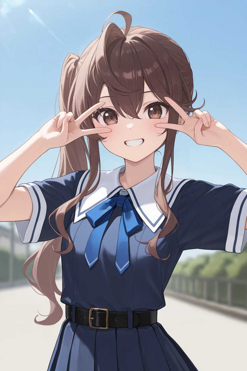 masterpiece, best quality, very aesthetic, newest, absurdres, highres,
1girl, solo,
 <lora:TodaJunIllustriousV1:1> todajun, brown hair, long hair, wavy hair, ahoge, hair between eyes, side ponytail, brown eyes,
belt buckle, black belt, blue dress, blue neckwear, blue ribbon, bow, diffraction spikes, pleated dress, ribbon, short sleeves,
upper body, looking at viewer, smile, teeth, v over eye,  blurry background, outdoors,