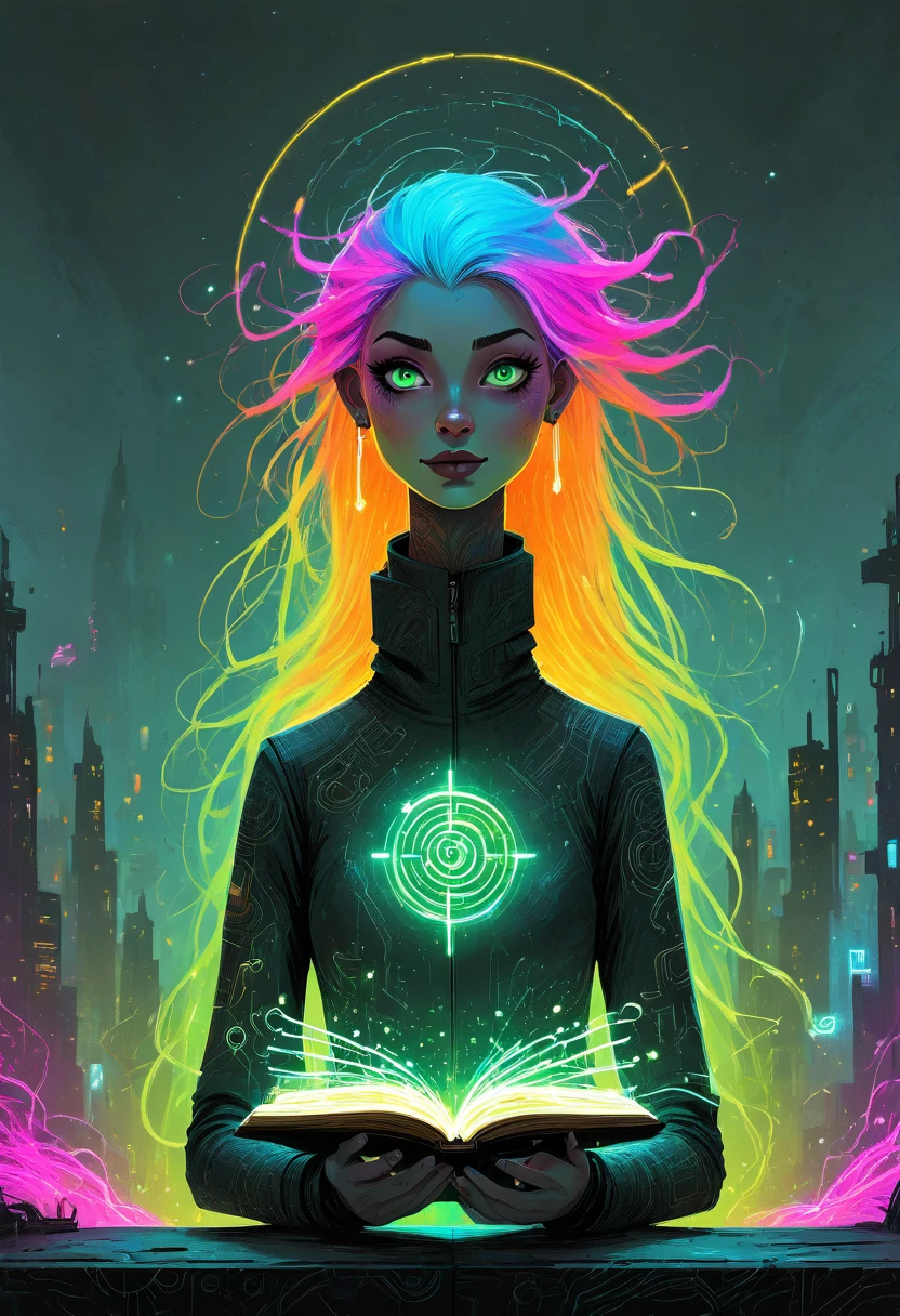 WackyScratchDaal , Sketch Illustration of a A neon-haired cyber-witch with glowing circuit tattoos along her arms, levitating a digital spellbook that flickers with glitchy runes. Her eyes shimmer like holographic screens, and her dark robes are woven with fiber-optic threads that pulse in shifting colors. The background is a futuristic cityscape with floating neon sigils in the air. A mix of high-tech and magical illustration, highly detailed.