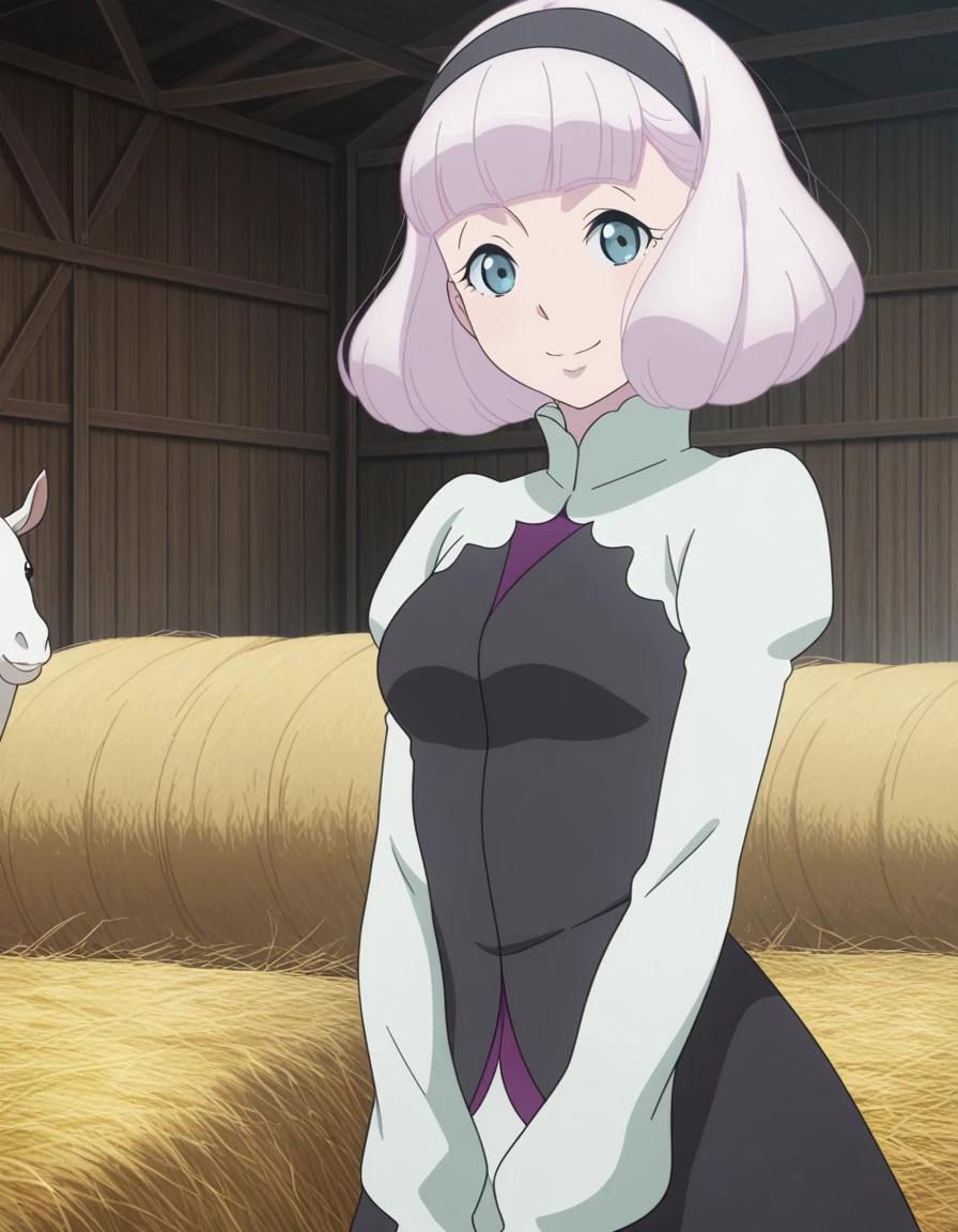 masterpiece, best quality, amazing quality,, <lora:lemrina-vers-envers-s1-illustriousxl-lora-nochekaiser:1>, lemrina vers envers, short hair, bangs, blue eyes, purple hair, hairband, blunt bangs, bob cut, black hairband, medium breasts, anime screencap,, long sleeves, dress, puffy sleeves, puffy long sleeves, barn, animals, hay, farming, rural, smile, smile, looking at viewer, solo,, cowboy shot, solo