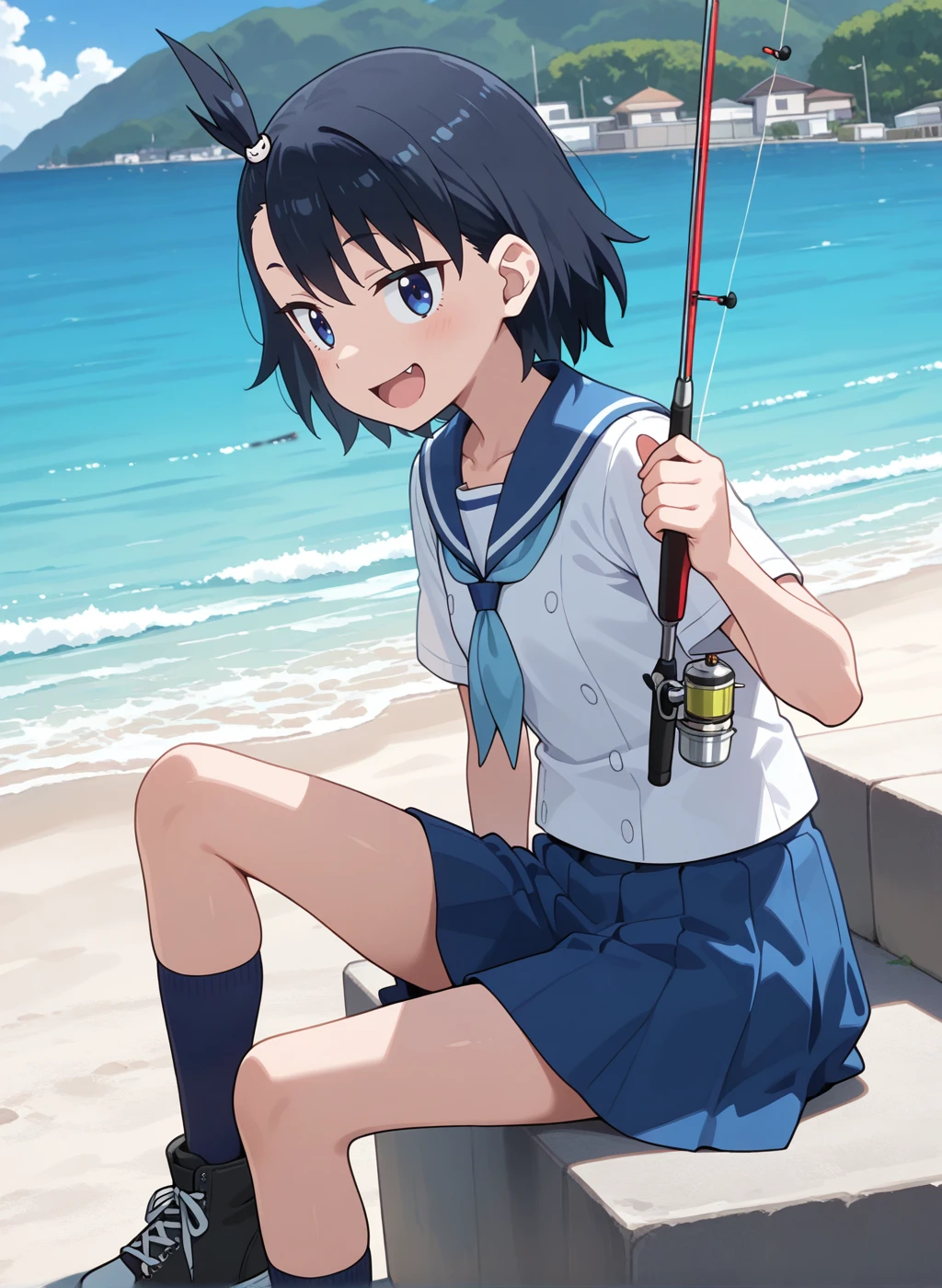 High quality,Ultra detailed,best quality,insanely detailed,beautiful,perfect lighting,masterpiece,highres,absurdres,very aesthetic,very awa,sensitive BREAK
<lora:hodaka_natsumi _V1_IL:1>,(hodaka natsumi,houkago teibou nisshi,black hair, short hair, blue eyes, hair ornament, one side up,fang),(summer uniform,sailor collar,neckerchief, white shirt,short sleeves, blue skirt, pleated skirt, blue socks,sneakers),1girl,solo,laughing,looking_at_viewer,posing,day,outdoors,sea,holding fishing rod,