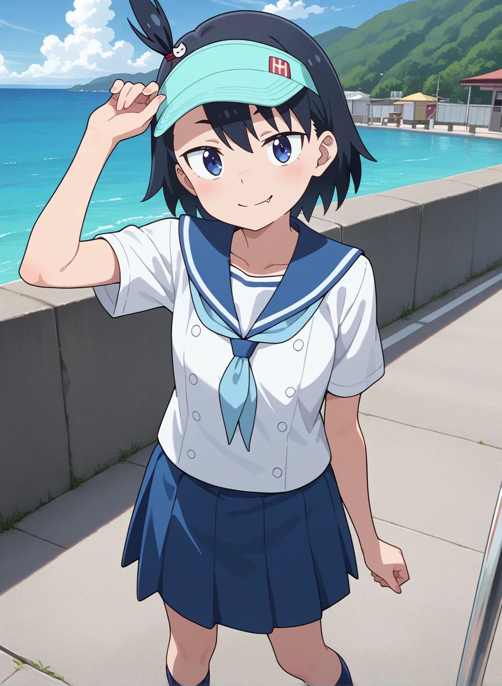 High quality,Ultra detailed,best quality,insanely detailed,beautiful,perfect lighting,masterpiece,highres,absurdres,very aesthetic,very awa,sensitive BREAK
<lora:hodaka_natsumi _V1_IL:1>,(hodaka natsumi,houkago teibou nisshi,black hair, short hair, blue eyes, hair ornament, one side up,fang),(summer uniform,sailor collar,neckerchief, white shirt,short sleeves, blue skirt, pleated skirt, blue socks,sneakers),1girl,solo,smile,looking_at_viewer,posing,day,outdoors,sea,visor cap,