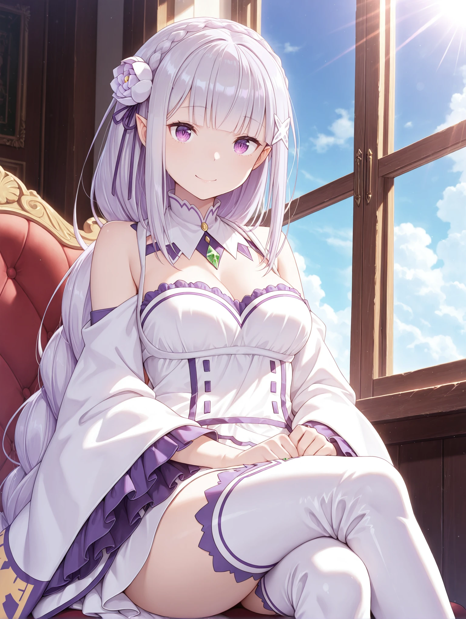 <lora:Emilia Illu:1>1girl, solo,
em1lia, pointy ears, purple eyes, grey hair, blunt bangs, long braid
emili4default, white dress, hair flower, , purple hair ribbon, crown braid, bare shoulders, detached sleeves, wide sleeves, frills, detached collar, green gem, white thigh boots,
sitting, smile, looking at viewer, crossed legs,
window, sunlight, indoors, blue sky, clouds, cowboy shot,
<lora:cfg_scale_boost:1>, masterpiece, best quality, amazing quality