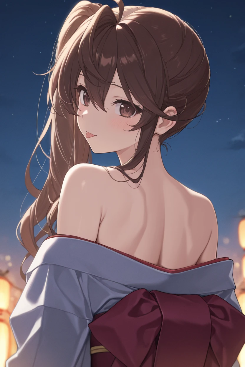 masterpiece, best quality, very aesthetic, newest, absurdres, highres,
1girl, solo,
 <lora:TodaJunIllustriousV1:1> todajun, brown hair, long hair, wavy hair, ahoge, hair between eyes, side ponytail, brown eyes,
kimono, bare shoulders, night sky, from behind, looking at viewer, tongue out,