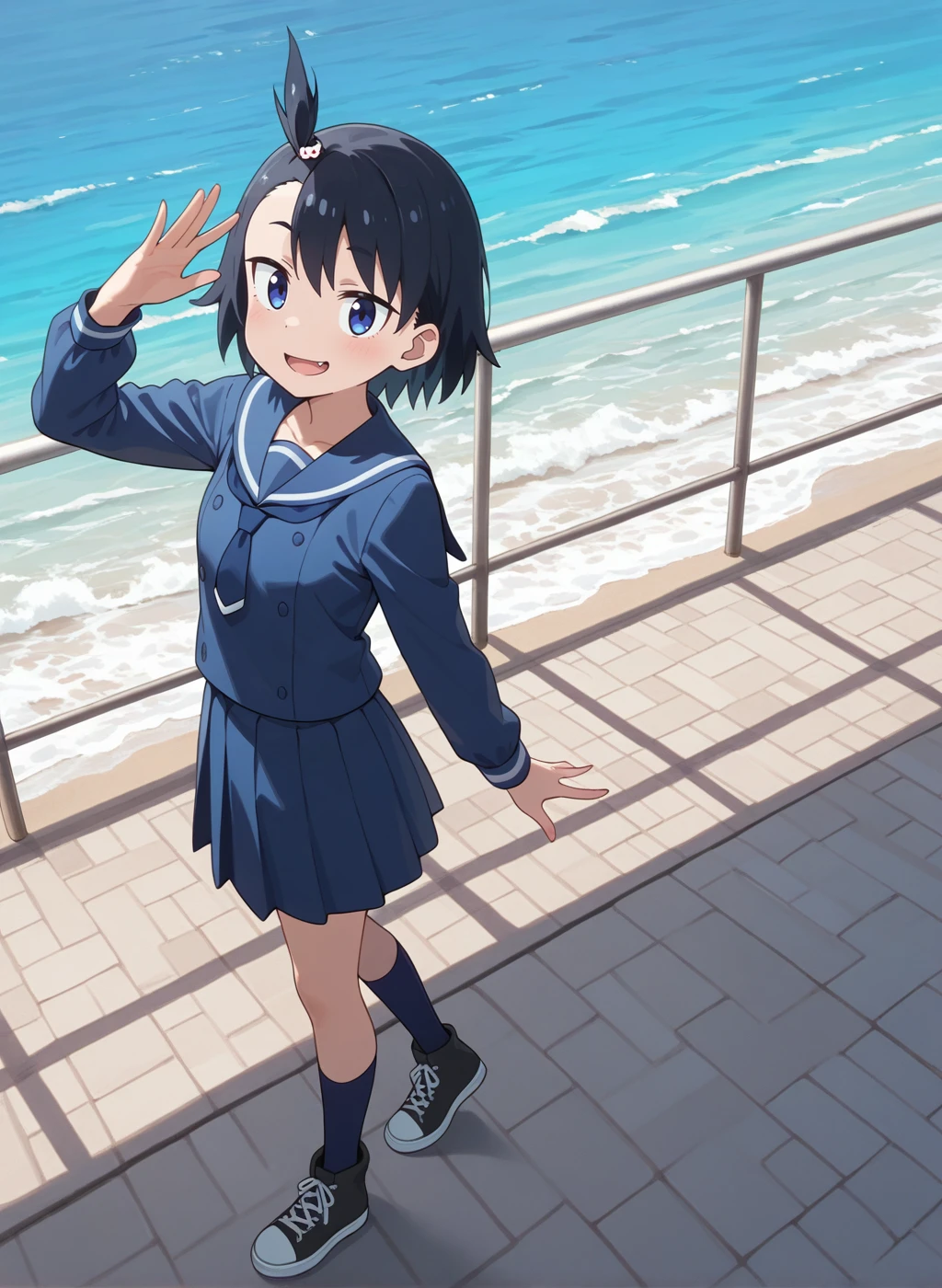 High quality,Ultra detailed,best quality,insanely detailed,beautiful,perfect lighting,masterpiece,highres,absurdres,very aesthetic,very awa,sensitive BREAK
<lora:hodaka_natsumi _V1_IL:1>,(hodaka natsumi,houkago teibou nisshi,black hair, short hair, blue eyes, hair ornament, one side up,fang),(winter uniform,necktie, sailor collar,serafuku,blue shirt,long sleeves, blue skirt, pleated skirt, blue socks,sneakers),1girl,solo,smile,parted lips,looking_at_viewer,posing,full body,day,outdoors,sea,
