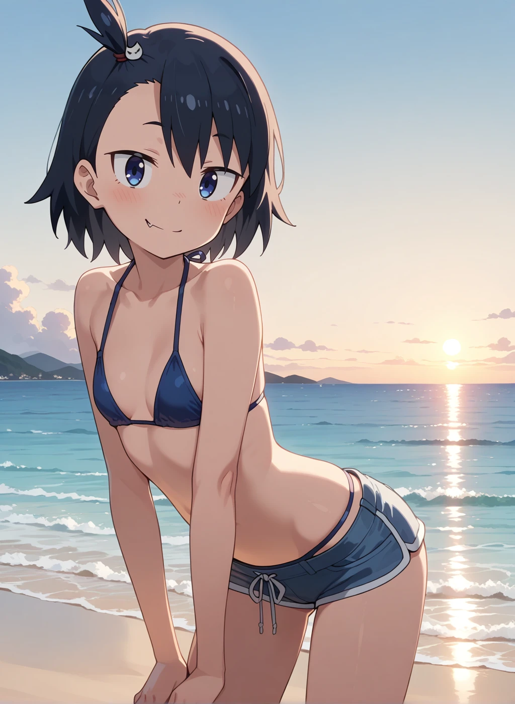 High quality,Ultra detailed,best quality,insanely detailed,beautiful,perfect lighting,masterpiece,highres,absurdres,very aesthetic,very awa,sensitive BREAK
<lora:hodaka_natsumi _V1_IL:1>,(hodaka natsumi,houkago teibou nisshi,black hair, short hair, blue eyes, hair ornament, one side up,fang),1girl,solo,smile,looking_at_viewer,posing,day,outdoors,sea,bikini,micro_shorts,