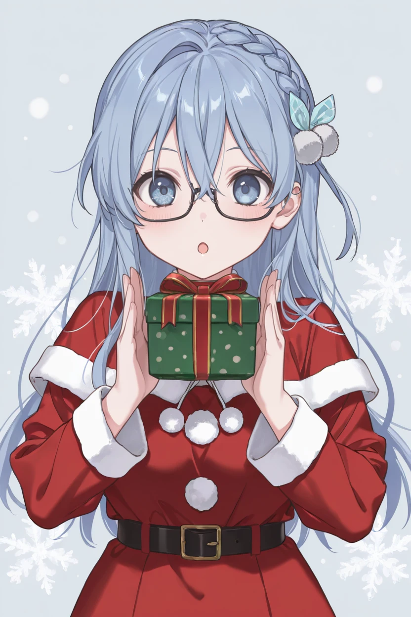 masterpiece, best quality, very aesthetic, newest, absurdres, highres,
1girl, solo,
<lora:MaruyamaAkaneIllustriousV1:1> maruyamaakane, blue hair, long hair, blue eyes, glasses, single braid, hair ornament,
santa costume, open mouth, :o, palms, jingle bell, gift box, snowflake background,
<lora:TanemuraArinaIllustriousV1:1> tanemura arina
