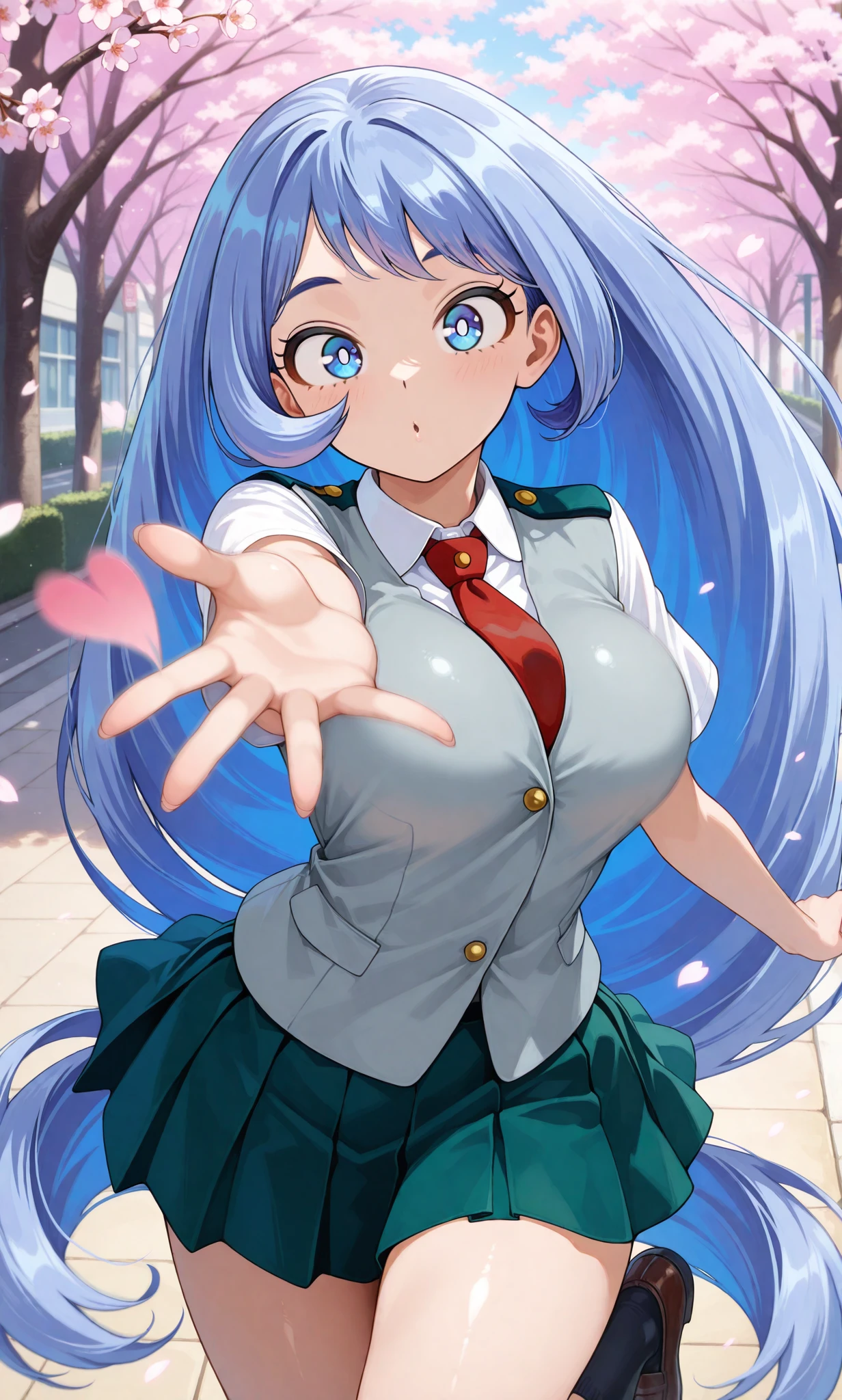 beautiful detailed eyes, masterpiece, best quality, intricate details, absurdres, 1girl, solo, street, outdoors, cherry blossoms, cowboy shot, looking at viewer, shiny skin, hadou nejire, blue eyes, very long hair, blue hair, white pupils, u.a. school uniform, white shirt, short sleeves, red necktie, grey vest, pleated skirt, green skirt, black socks, brown shoes, reaching out