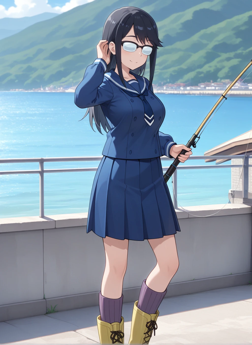 High quality,Ultra detailed,best quality,insanely detailed,beautiful,perfect lighting,masterpiece,highres,absurdres,very aesthetic,very awa,sensitive BREAK
<lora:oono_makoto_V1_IL:1>,(oono makoto, houkago teibou nisshi, black hair, long hair,medium breasts, opaque glasses),(winter uniform,necktie, sailor collar,serafuku,blue shirt,long sleeves, blue skirt, pleated skirt, socks,boots),1girl,solo,smile,looking_at_viewer,posing,day,outdoors,sea,holding fishing rod,