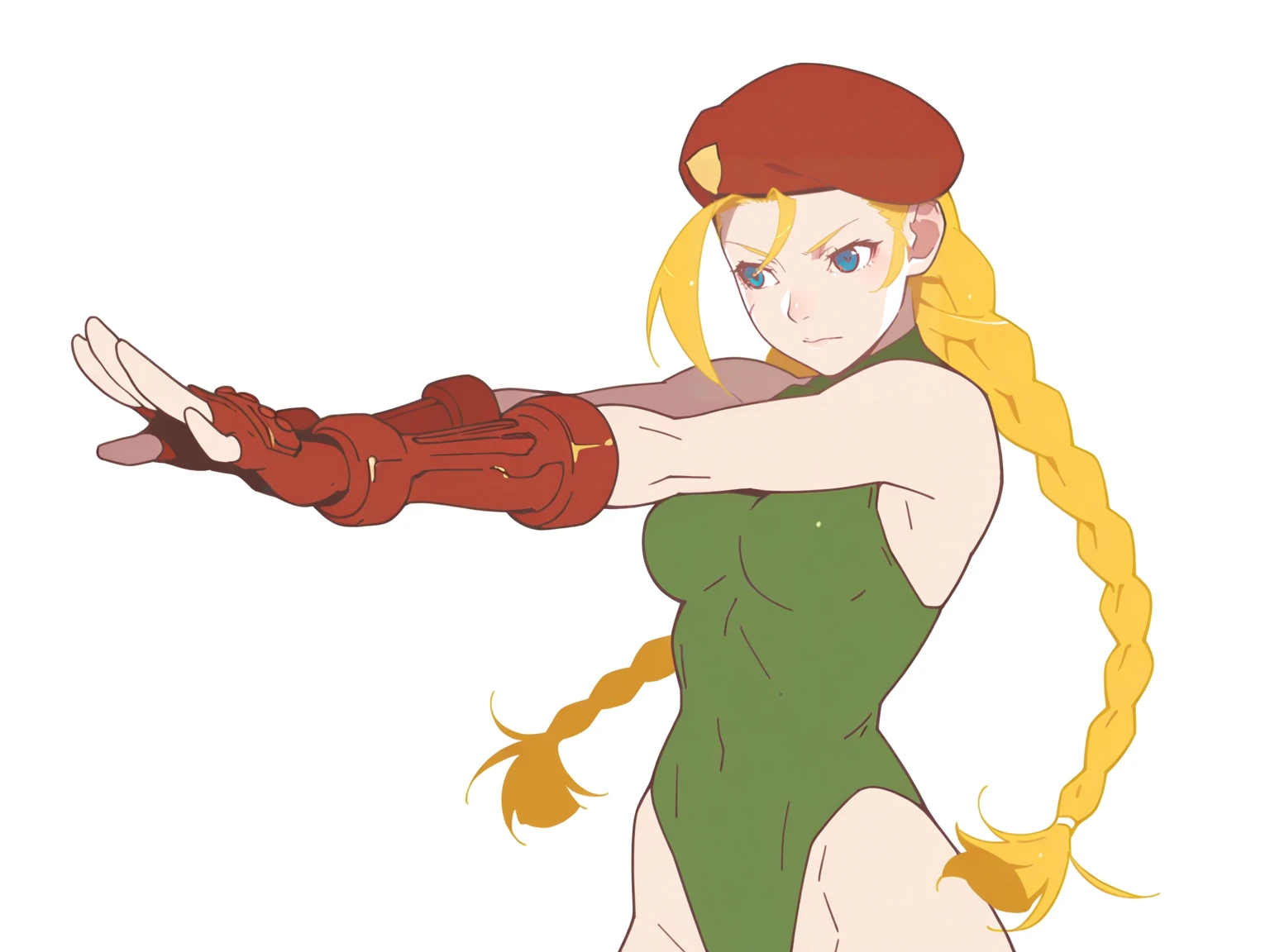 <lora:Cammy White  illuLoRA DG :0.8>, 
CammyDGOG,
blonde hair, long hair, twin braids, blue eyes,
green leotard,  beret, fingerless gloves, combat boots,
standing,
upper body,
solo,
simple background, white background,
, [5 fingers], monogatari, <lora:MonogatariIL:0.9>, masterpiece, best quality, absurdres, flat color