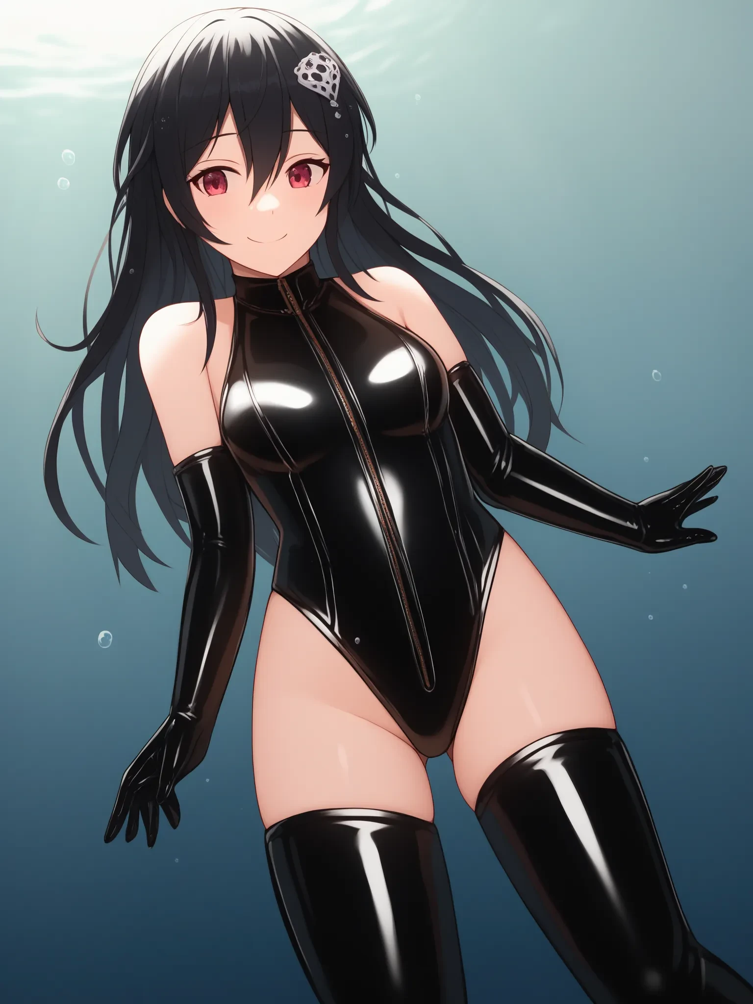 green eyes, very long hair, black hair, low twintails, karyldefault, cat ears, cat tail, girl, solo, masterpiece, best quality, detailed face, face focus, smile, closed mouth, long eyelashes, mascara, looking at viewer, (Wearing competitive swimsuit), (one-piece swimsuit), (holographic iridescent metallic black latex swimsuit:1.2), sukumizu, (shiny glossy skin:1.2), pussy squirt, cameltoe, (flat drawing:-0.4), detailed eyes, pupil, huge breast, poolside,